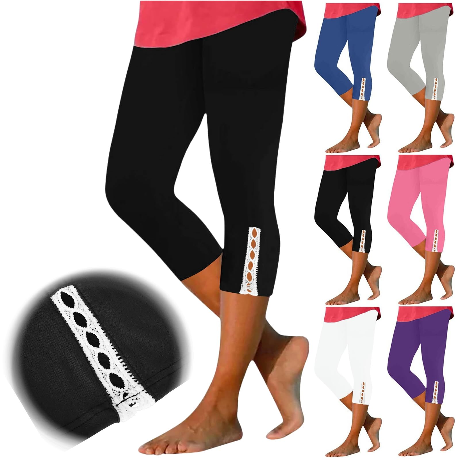 Women's High Waisted Capri Leggings with Lace Trim - Tummy Control Yoga Pants & Workout Compression Pants for Running, Gym & Lounge Wear