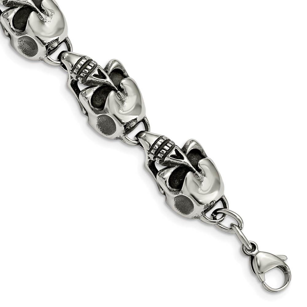 Antiqued Skulls Bracelet for Men - 8.5 Inch Stainless Steel Gothic Jewelry - Perfect for Halloween, Biker Style & Punk Fashion Accessories