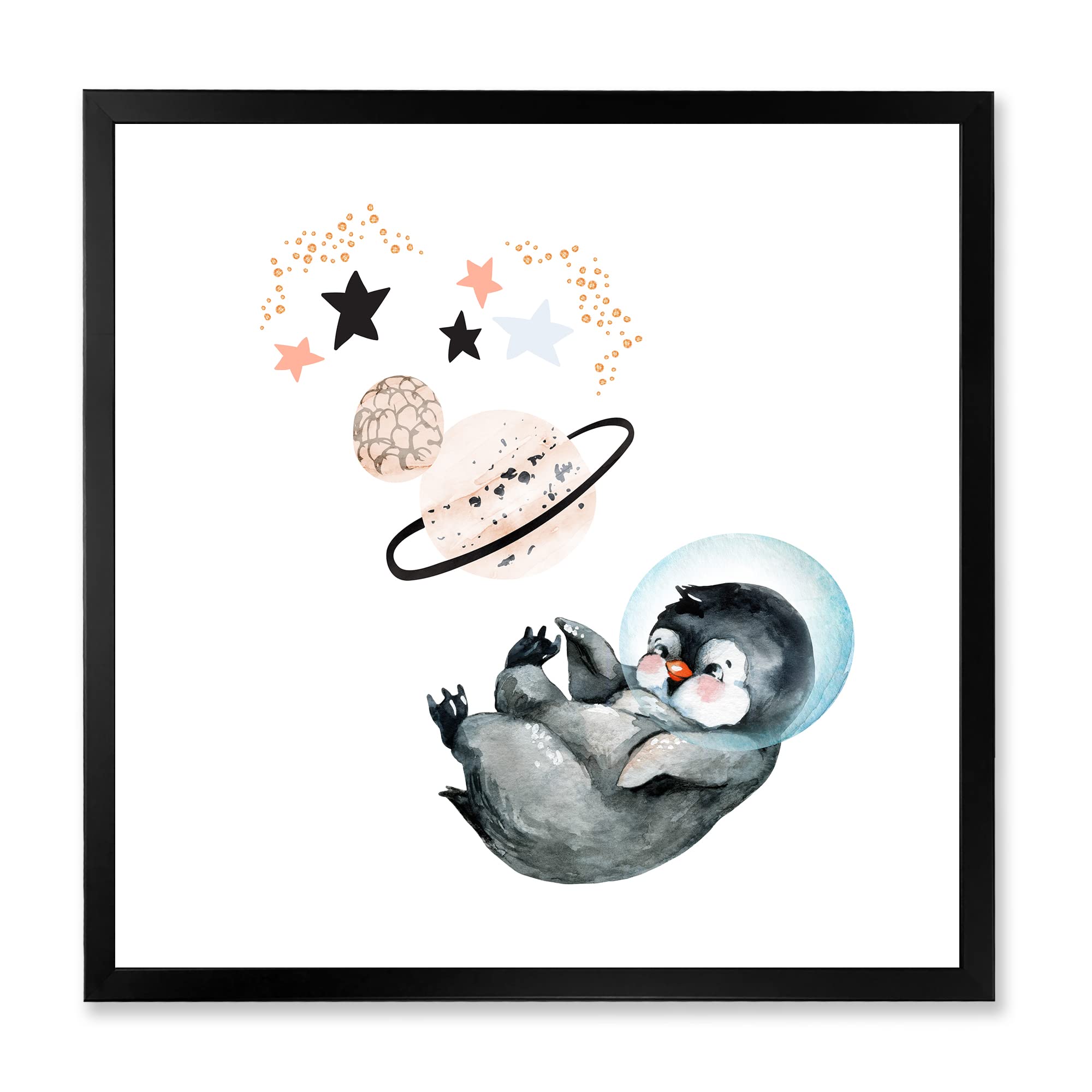 DesignQ Little Penguin with Stars and Planets - Farmhouse Framed Wall Art Decor for Nursery, Kids Room & Living Room
