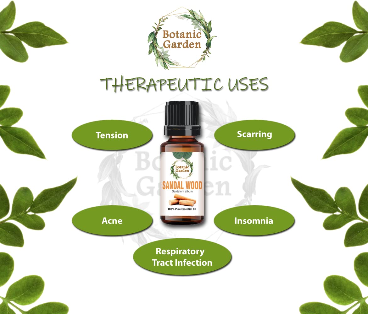 Botanic Garden Sandalwood Essential Oil with Carom, Linseed & Prunus Dulcis Extracts - 10ml Pure Aromatherapy Oil for Relaxation, Massage & Diffuser Use