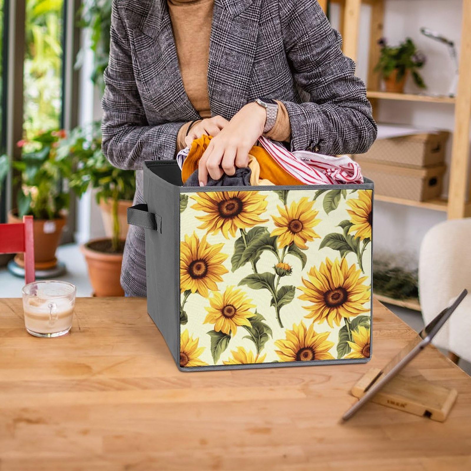 6-Piece Collapsible Storage Bins with Handles - Summer Sunflower Printed Foldable Storage Boxes for Home Organization, Shelves, Closet & Pantry | Space-Saving Home Decor & Multipurpose Storage Solution