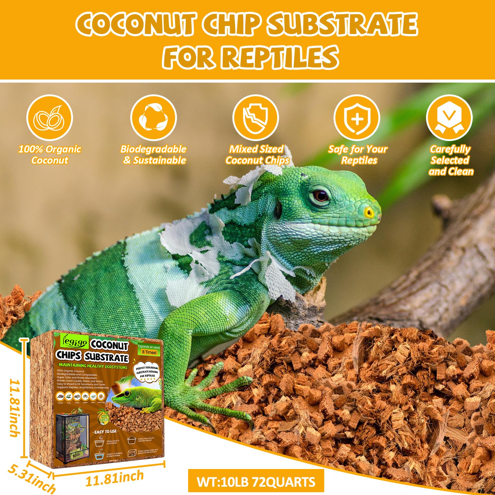 Premium 10LBS Coconut Chip Substrate for Reptiles - 72QT Natural Coco Husk Bedding for Snakes, Tortoises, Ball Pythons, Geckos & Lizards | Compressed Terrarium Substrate for Tropical Habitat & Bioactive Enclosures | Ideal for Reptile Tanks, Vivariums & Pet Terrariums
