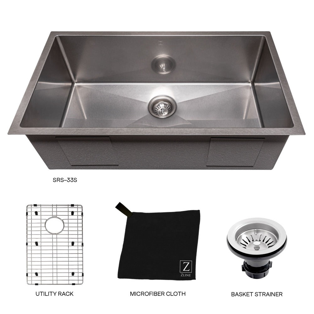 ZLINE 33-Inch Meribel Undermount Single Bowl Kitchen Sink - Satin Stainless Steel with Bottom Grid (SRS 33S) | Perfect for Modern Kitchens, Remodeling & Heavy-Duty Cooking