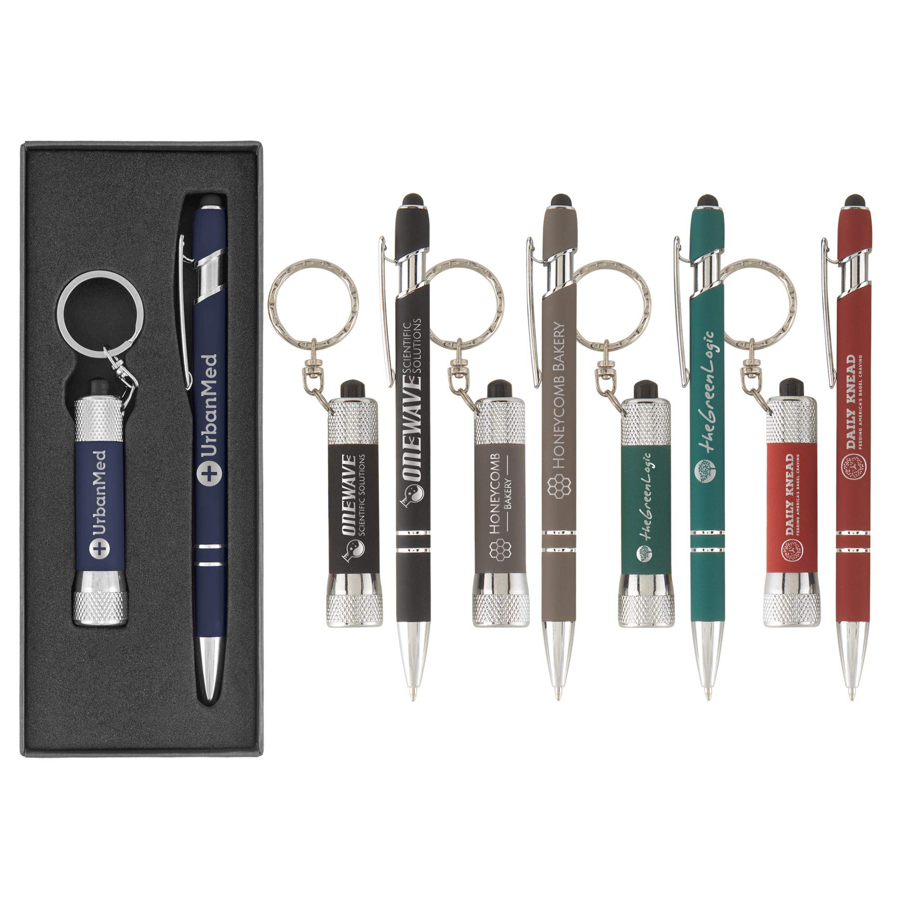 Custom Engraved Metal Pens with Flashlight - Ellipse & Chroma Softy Laser Engraved Gift Set - Personalized Logo Pens for Corporate Gifts, Promotions & Office Use - Bulk 25pcs at $5.5 Each