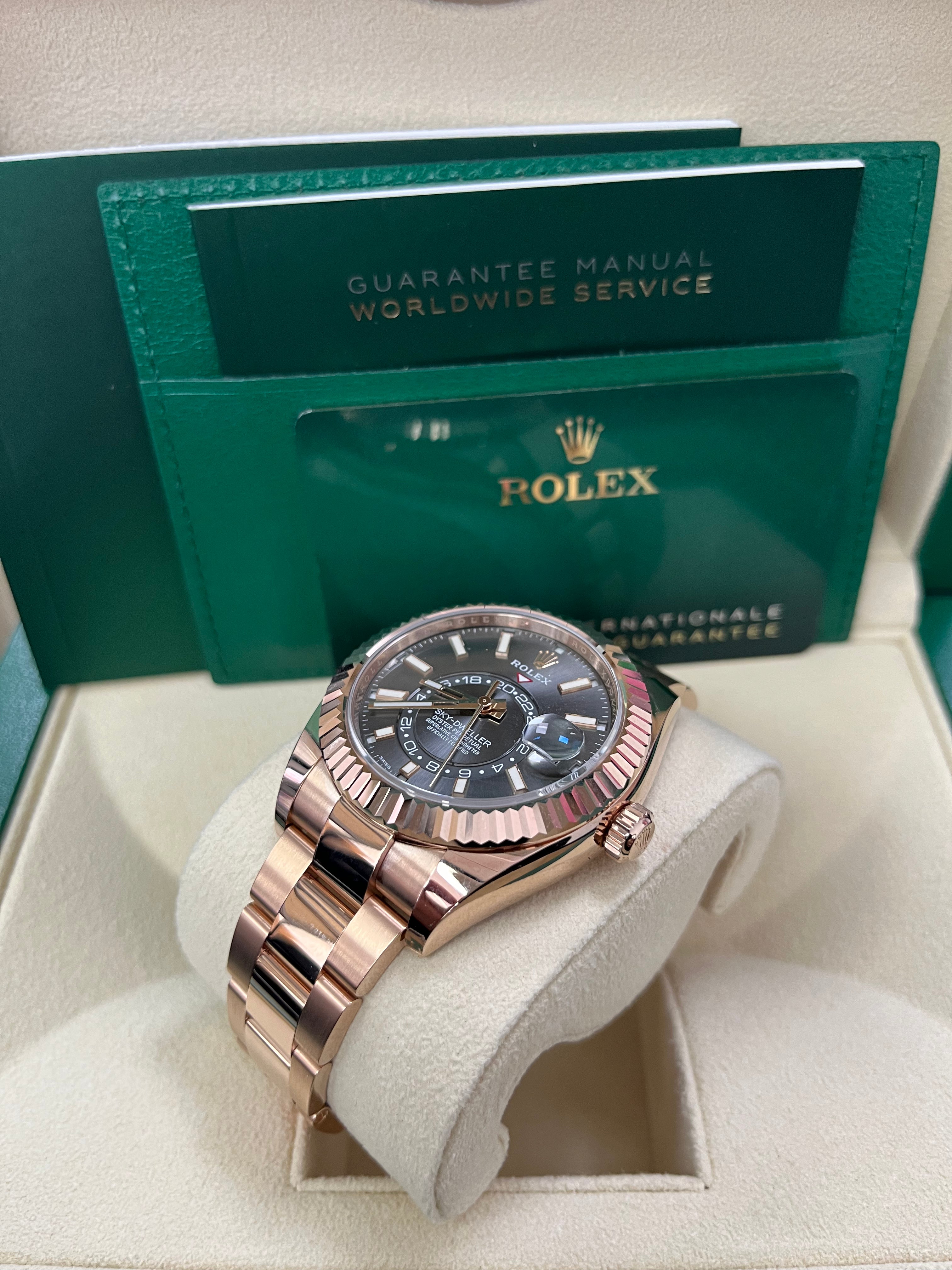 Luxury Rolex Sky Dweller Rose Gold Watch with Dark Rhodium Index Dial & Oyster Bracelet (Ref# 326935) - Perfect for Business Meetings, Formal Events & Luxury Collectors