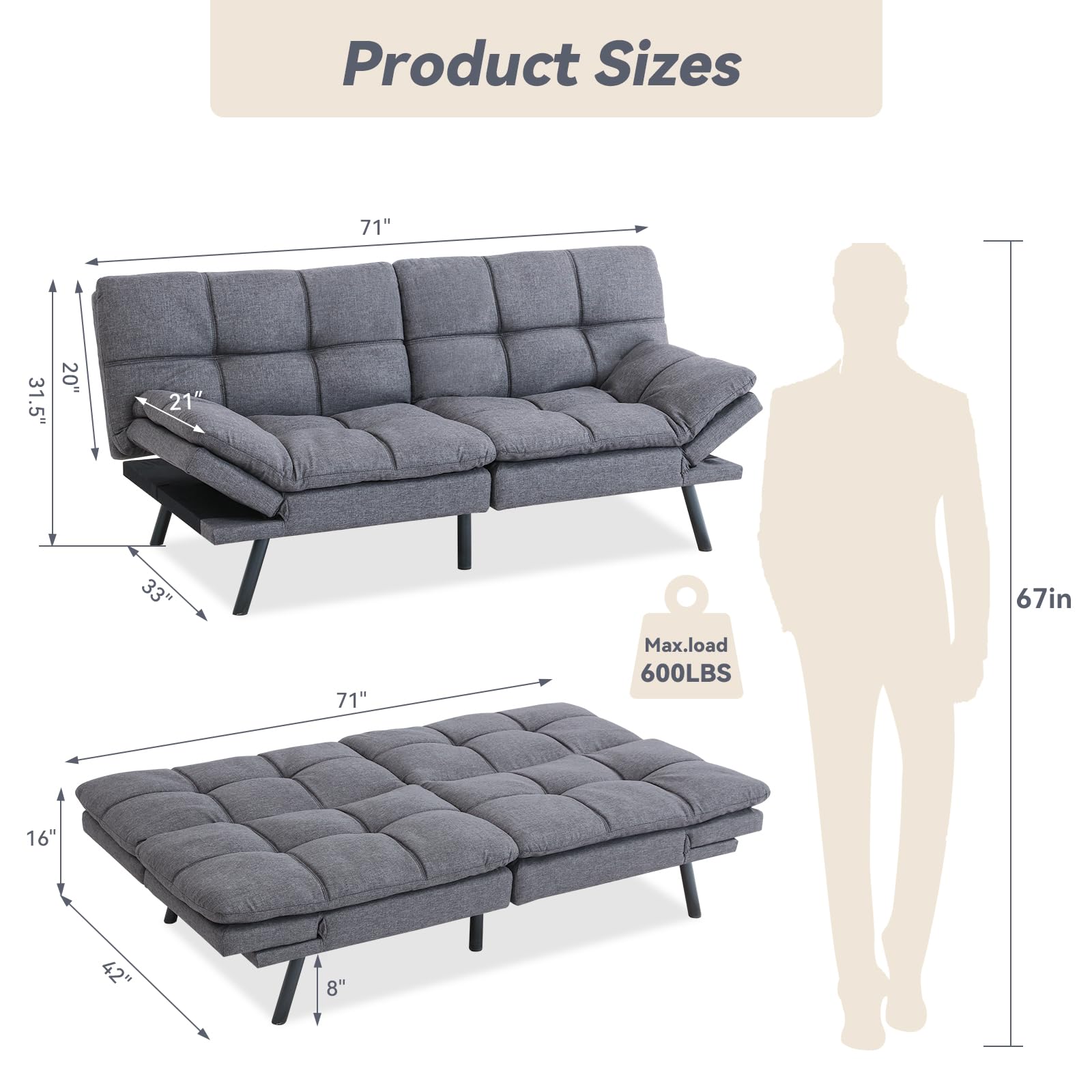 Hcore Convertible Futon Sofa Bed with Memory Foam - Modern Splitback Loveseat Sleeper for Living Room, Office & Apartment - Classic Grey Polyester Fabric | Perfect for Small Spaces, Guest Rooms & Studio Apartments
