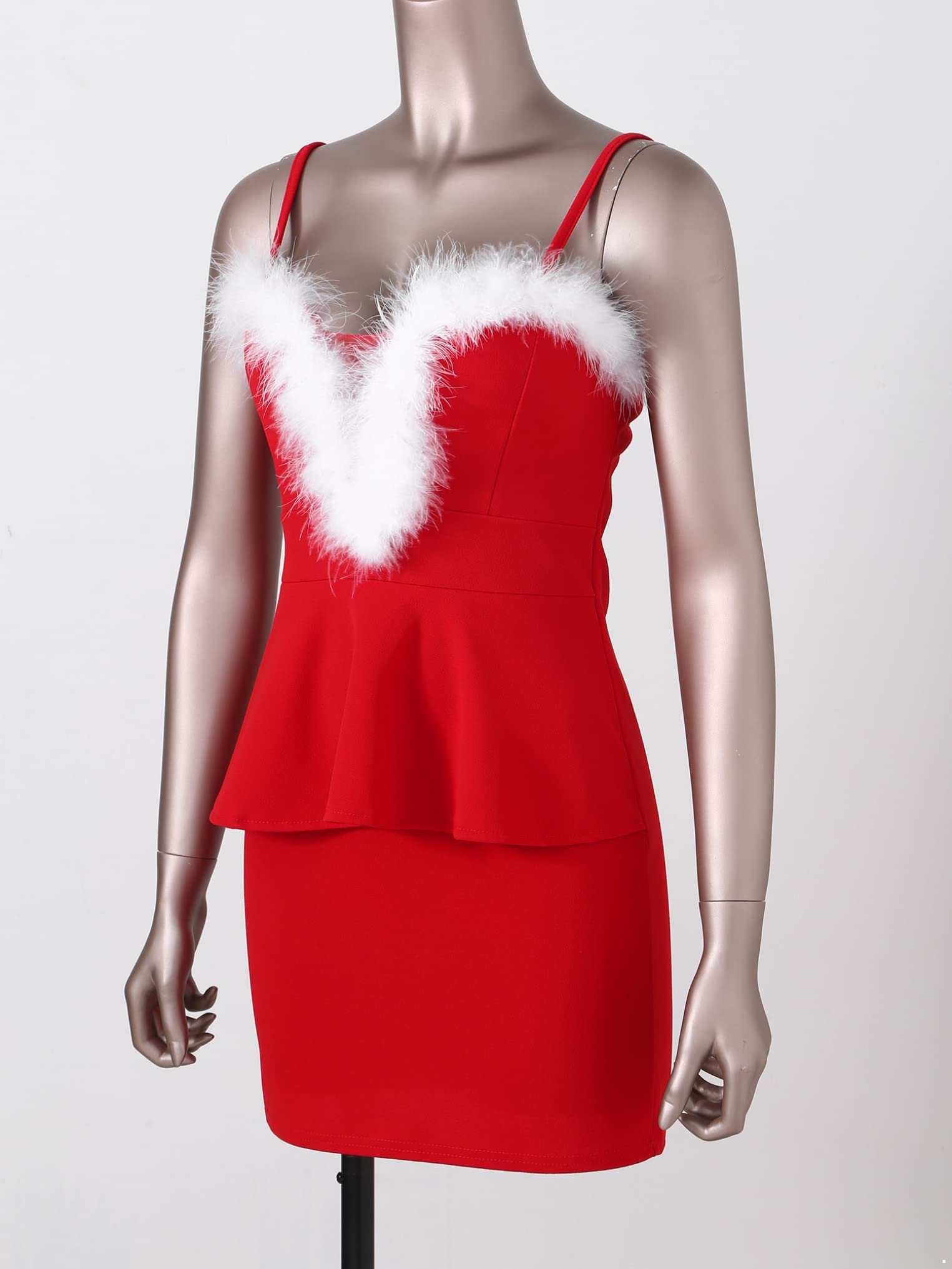 Women's Faux Fur Trim Bodycon Dress - Sexy Spaghetti Strap Ruffle Mini Dress for Party, Club, Night Out, Date Night & Special Occasions | Perfect for Christmas, New Year's Eve & Cocktail Events