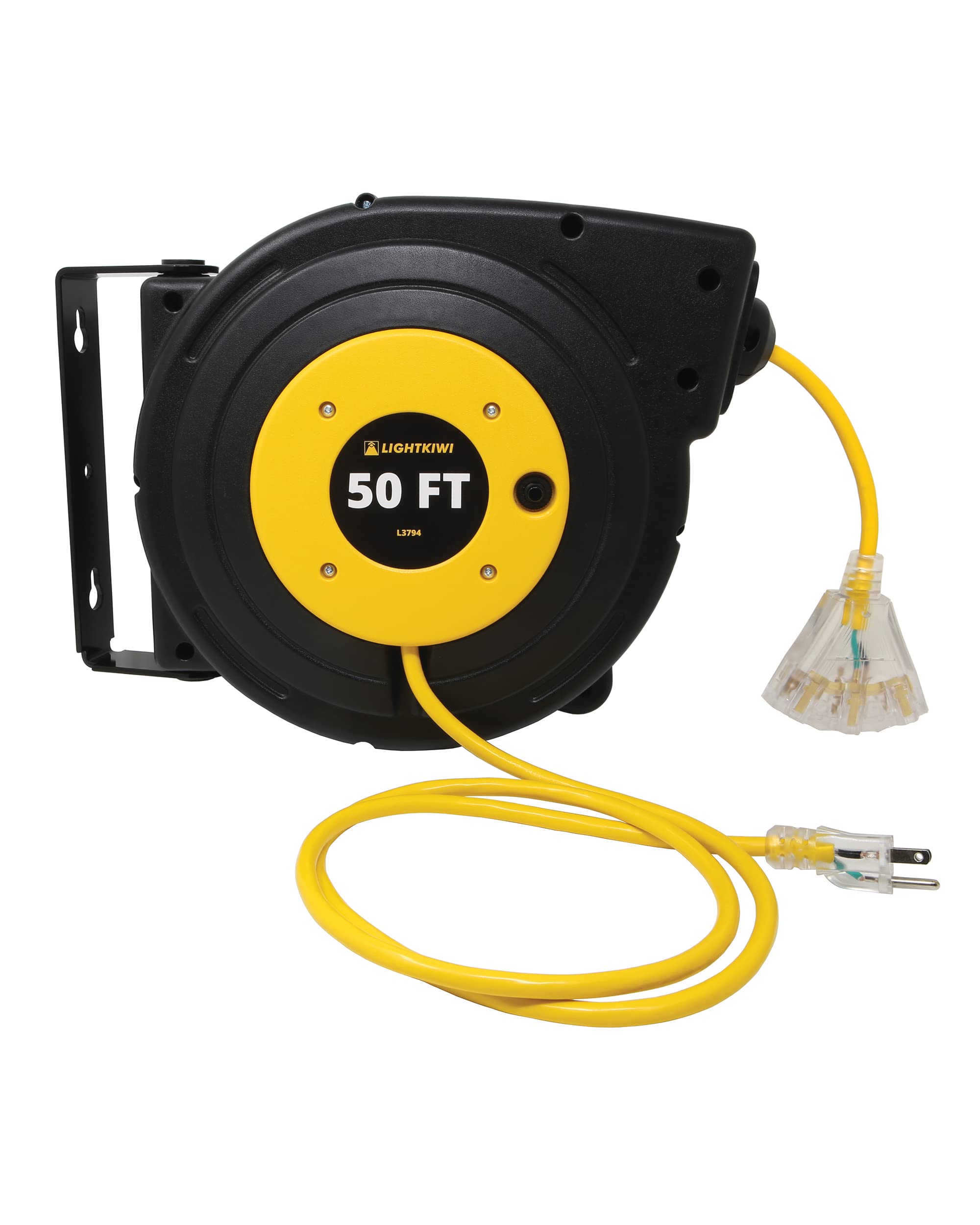 Lightkiwi L3794 50-Foot Retractable Extension Cord Reel with Lighted Outlet - 14/3 AWG SJTOW Heavy Duty Power Cord, 4.5-Foot Lead, Swivel Wall/Ceiling Mount - UL Listed for Garage, Workshop & Outdoor Use