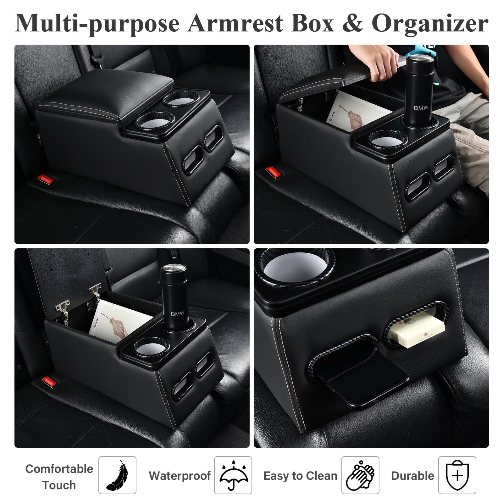 Universal Car Center Console Organizer - Rear Bench Seat Storage Box with Cup Holders & Large Compartment, Truck Seat Organizer for Cars, SUVs & Pickups | Perfect for Road Trips, Family Travel & Daily Commute (Black)