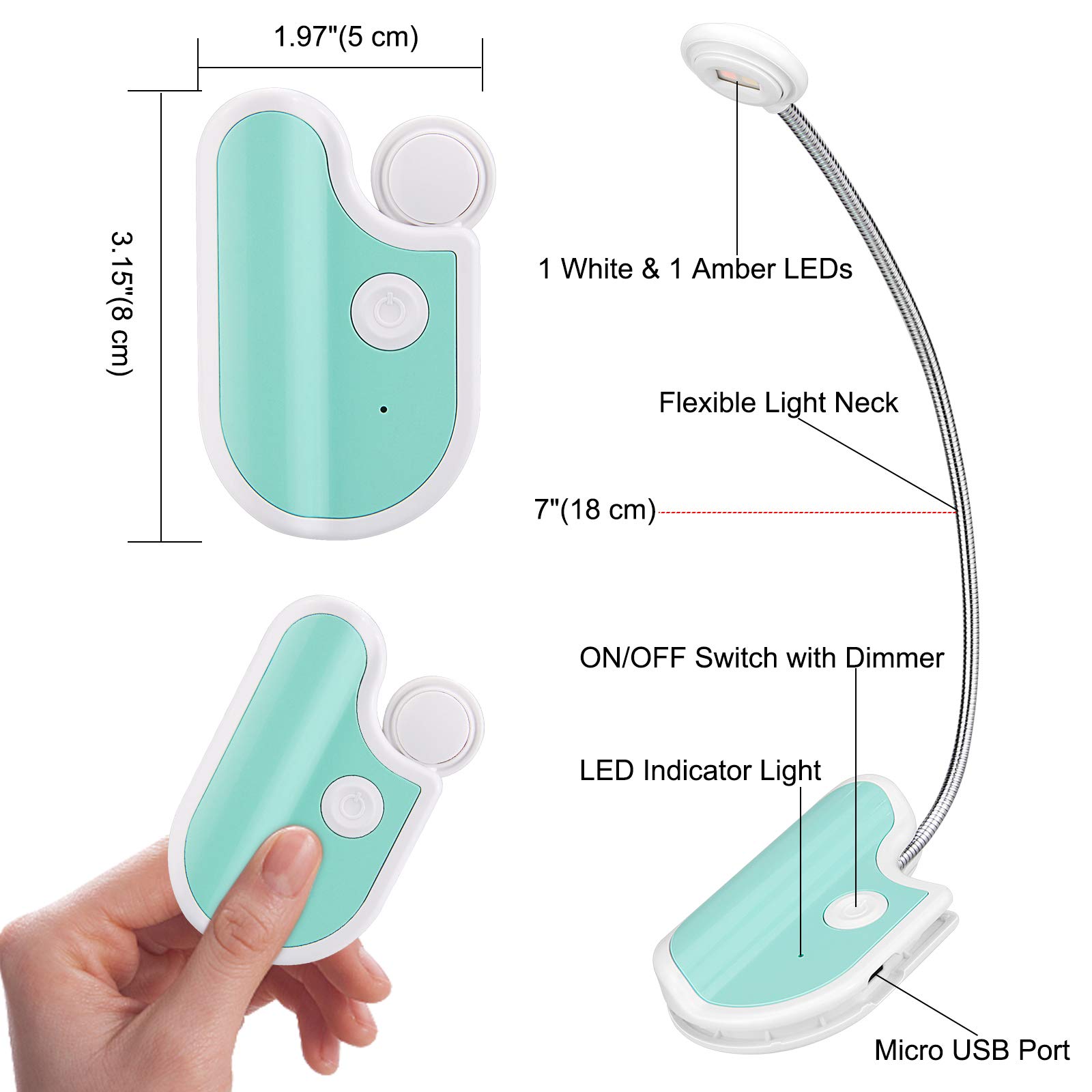 BIGMONAT Rechargeable Reading Light for Kids - Small Amber LED Book Light with 361° Adjustable Neck, Portable Clip-On Lamp for Night Reading, Study, and Travel (White) - Perfect for Bedtime Stories, Homework, and Camping