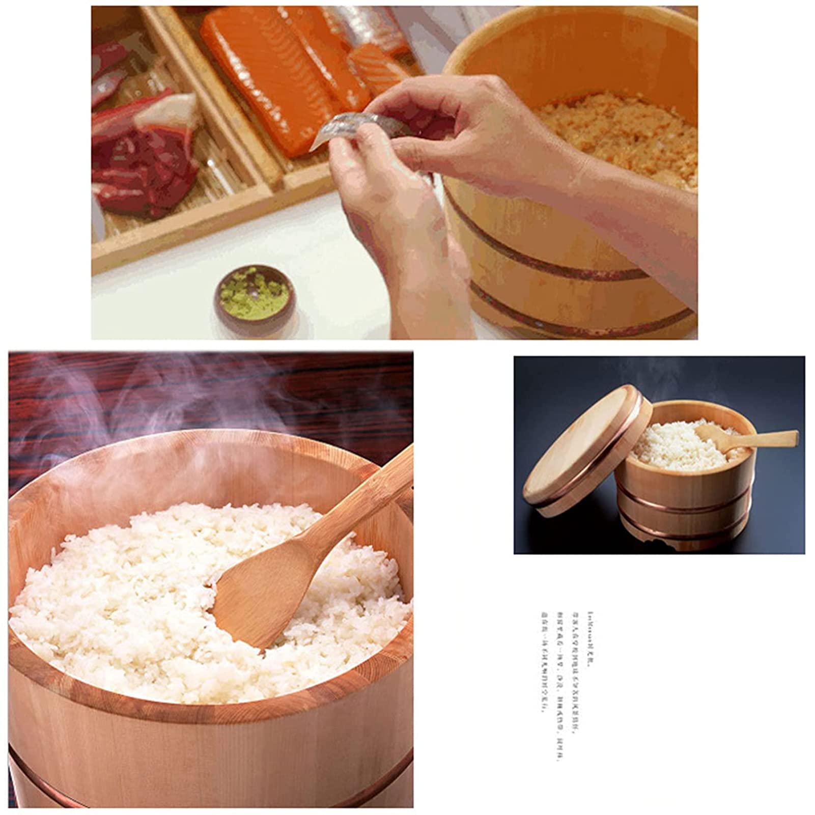 Premium Wooden Sushi Rice Mixing Tub with Copper Edge Lid - Authentic Japanese-Style Sushi Oke Bowl for Sushi Making, Restaurant & Home Kitchen Use - Perfect for Sushi Rice Preparation, Mixing & Serving (Large Size)