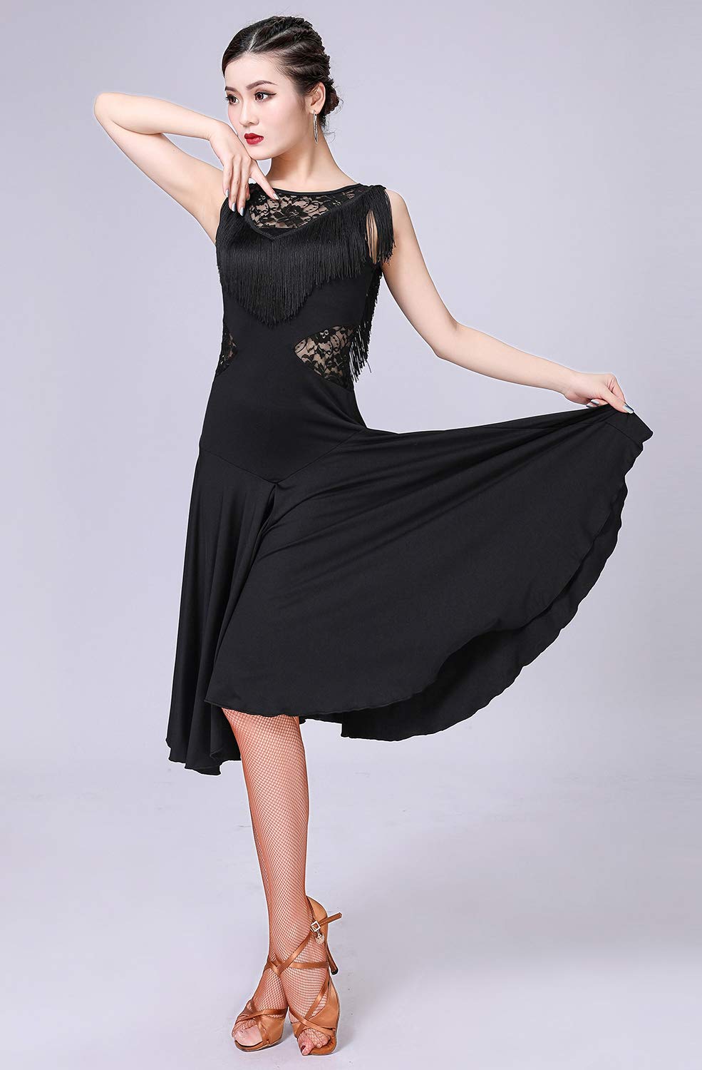 Elegant Ballroom Dance Dresses for Women - Fringed Lace Back Salsa Latin Dance Dress with Built-in Shorts (5 Color Options) | Perfect for Salsa, Latin, Tango & Social Dancing