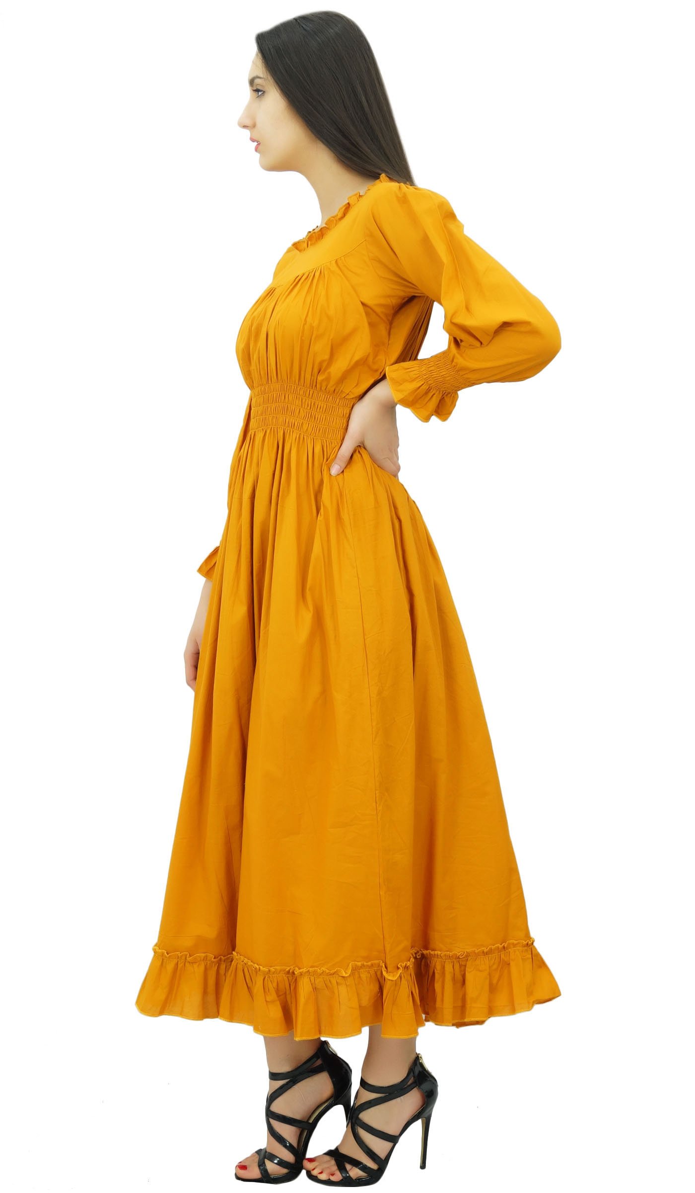 Bimba Women's Cotton Smocked Waist Long Casual Maxi Dress - Flowy Summer Beach Dress for Vacation, Party & Everyday Wear