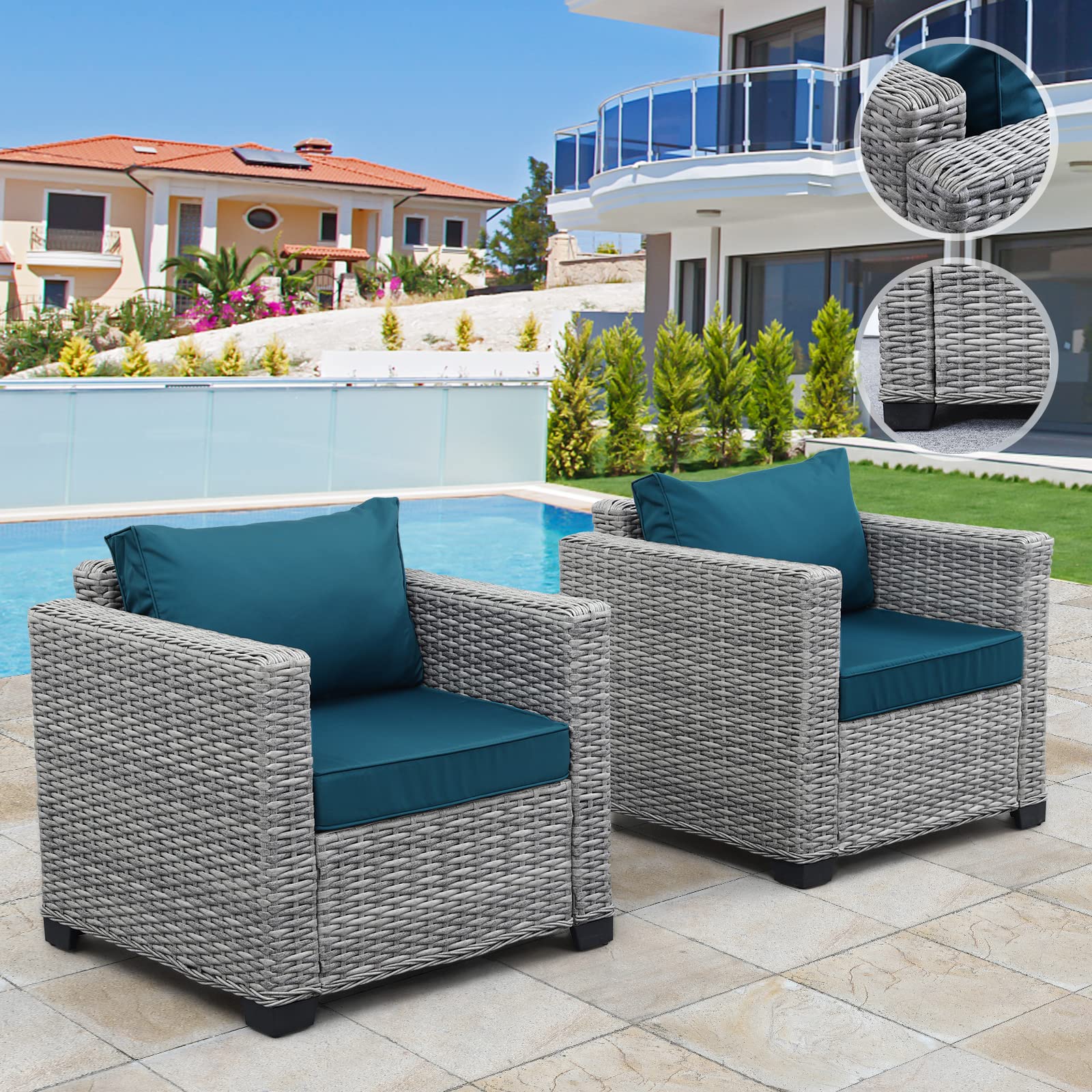 Rattan Patio Single Sofa Chairs Set of 2 - Outdoor Wicker Accent Furniture with Anti-Slip Cushions & Waterproof Cover - Peacock Blue - Perfect for Garden, Poolside, and Backyard Relaxation