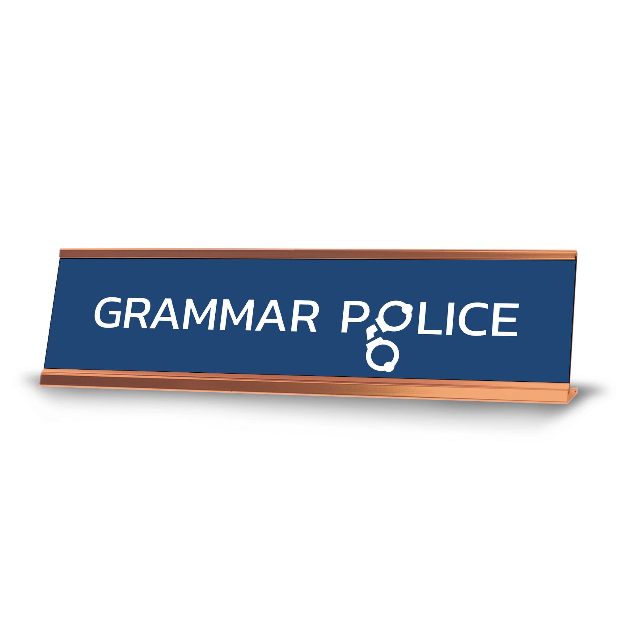Grammar Police Handcuffs Gold Frame Desk Sign (2 x 8 Inch) - Funny Office Decor for Teachers, Writers & Editors - Perfect Desk Accessory for Classrooms, Home Offices & Gag Gifts