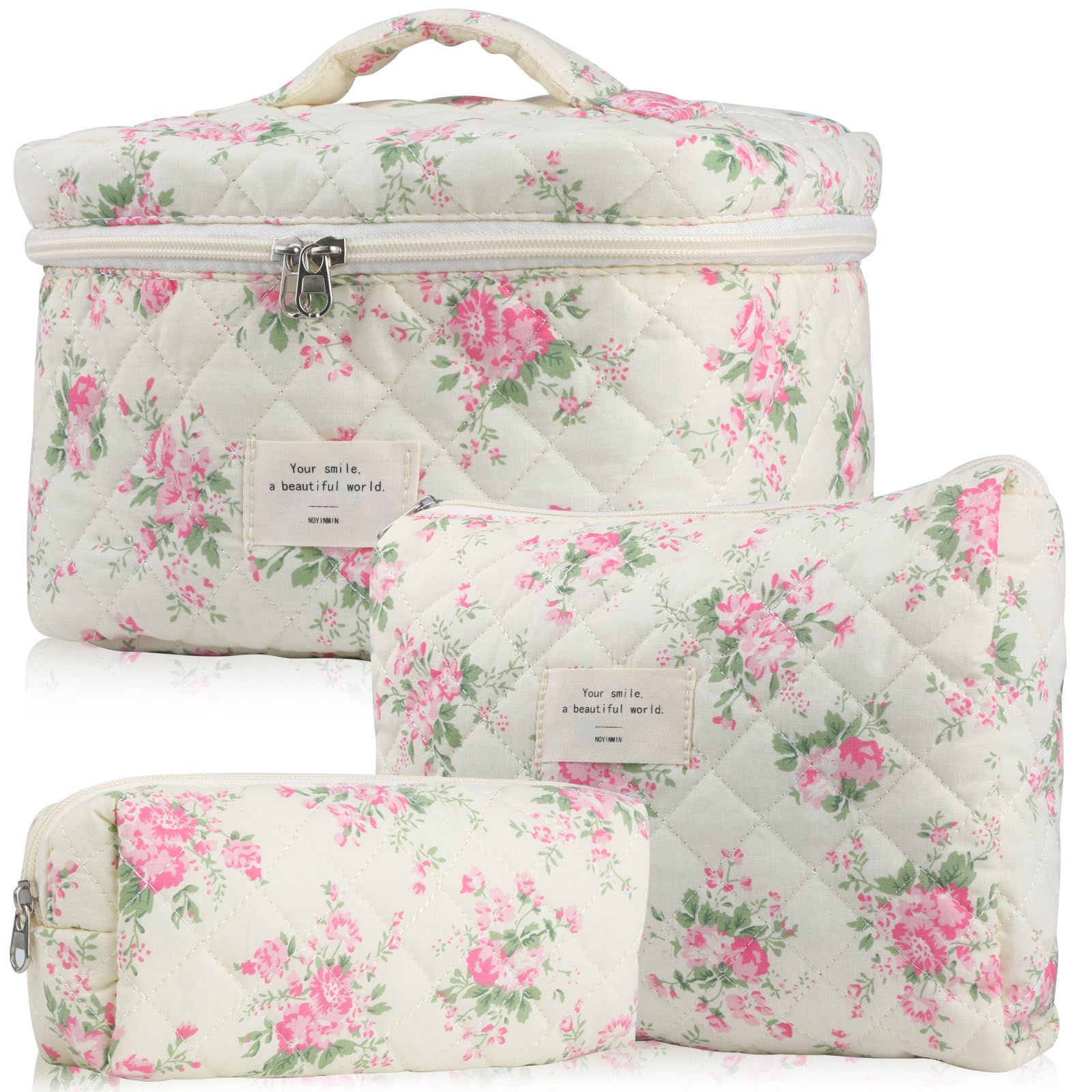 **3-Piece Cute Quilted Floral Makeup Bag Set for Women - Aesthetic Cosmetic & Toiletry Organizer (Pink Flower) - Perfect for Travel, Gifts & Daily Beauty Storage**
