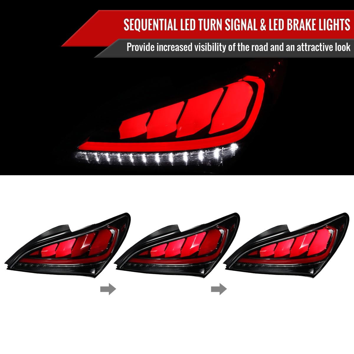 10-16 Genesis Coupe LED Sequential Turn Signal Tail Brake Lights - Pearl Black | Plug & Play Installation | Upgrade Your Ride's Style & Safety for Night Driving & Car Shows