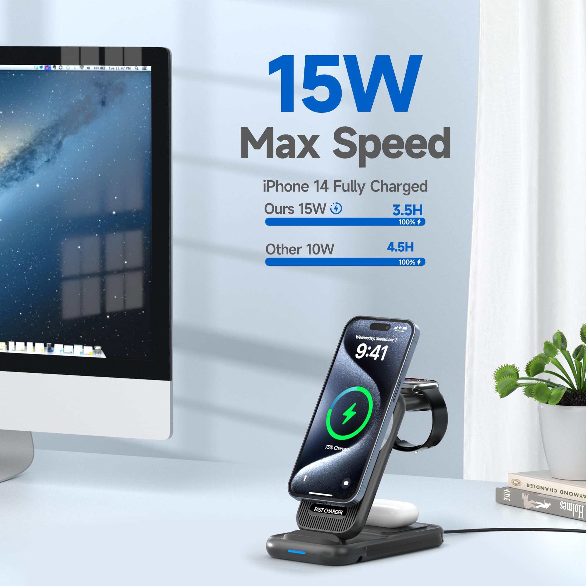 4-in-1 Mag-Safe Wireless Charging Station - 24W Fast Charger for iPhone 15/14/13/12/Pro Max, Apple Watch, AirPods Pro & Samsung Galaxy S24/S23, Watch, Buds | Perfect for Home, Office & Travel Charging Needs
