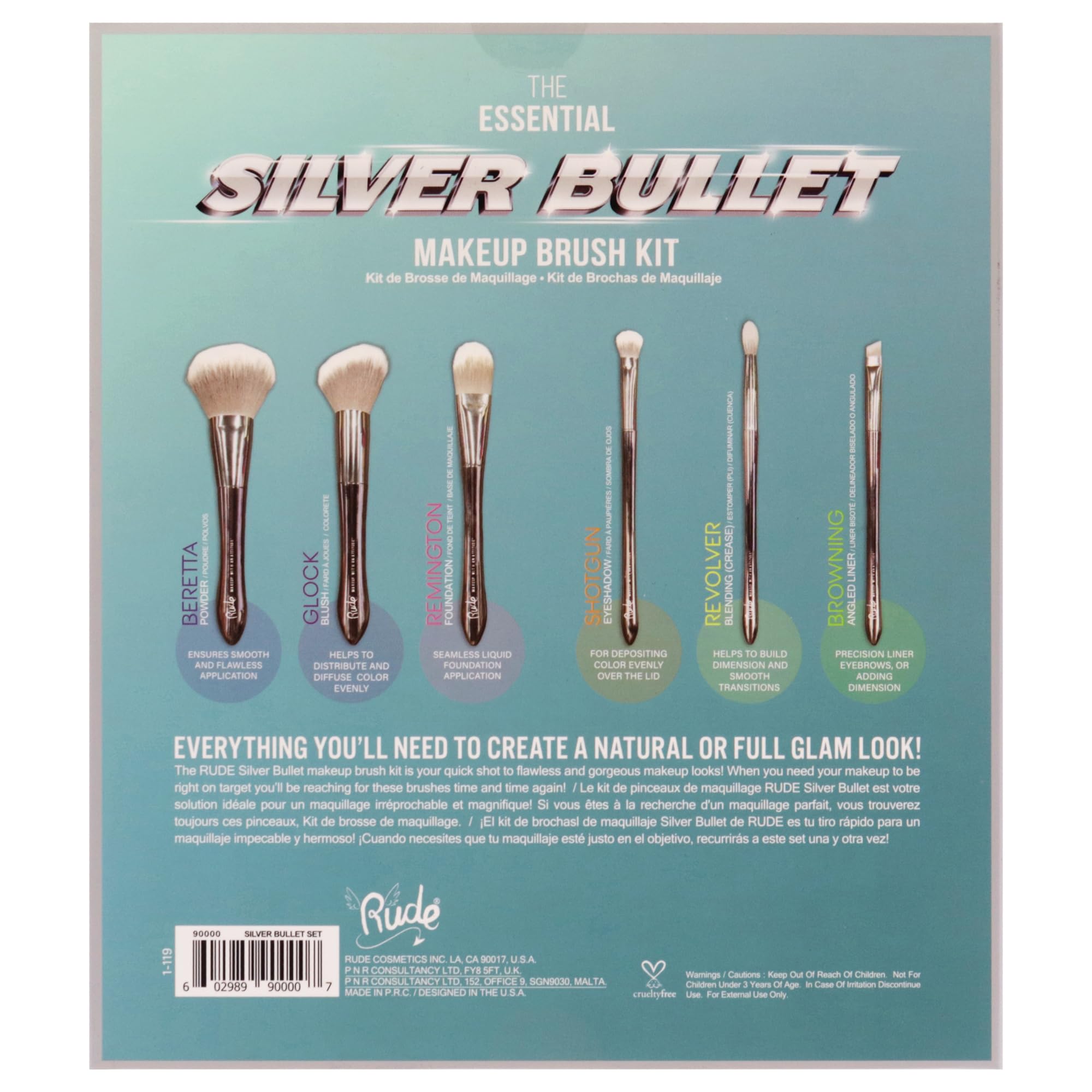 Rude Cosmetics Silver Bullet Makeup Brush Set - 6 Piece Professional Gun-Themed Brush Kit (Beretta Powder, Glock Blush, Remington Foundation, Shotgun, Browning Angled) for Women | Perfect for Everyday Makeup, Travel & Professional Makeup Artists