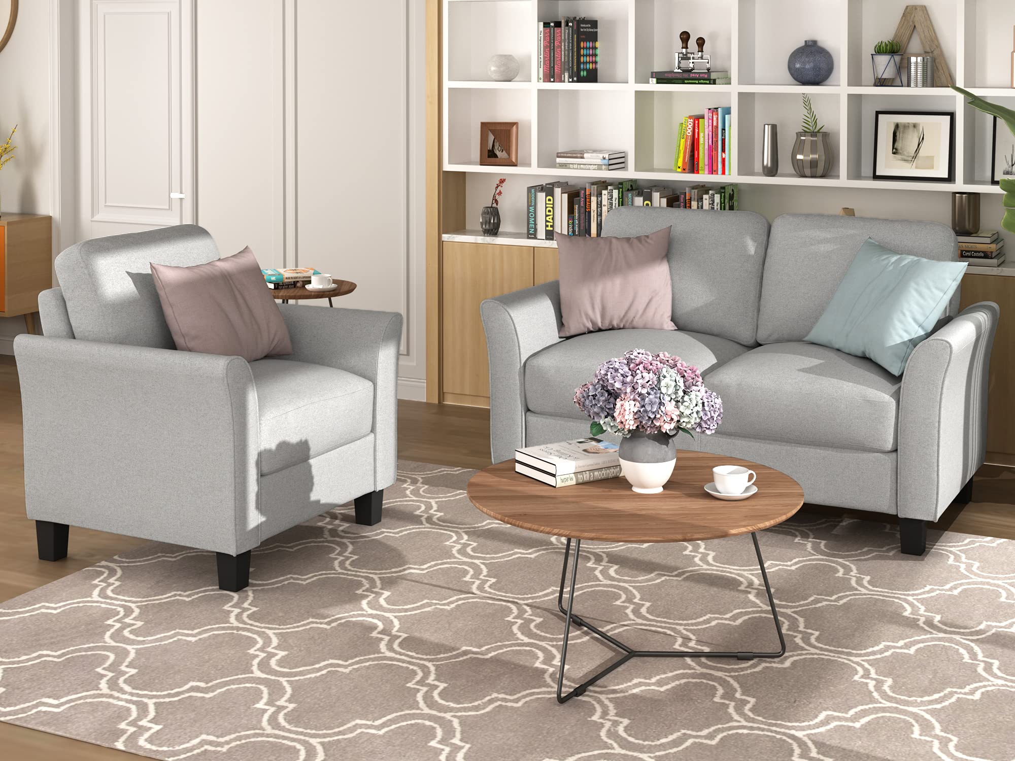 Modern 2-Piece Living Room Furniture Set - Light Gray Sectional Sofa with Loveseat & Armchair, Comfortable for Small Spaces, Home Theater, and Family Gatherings