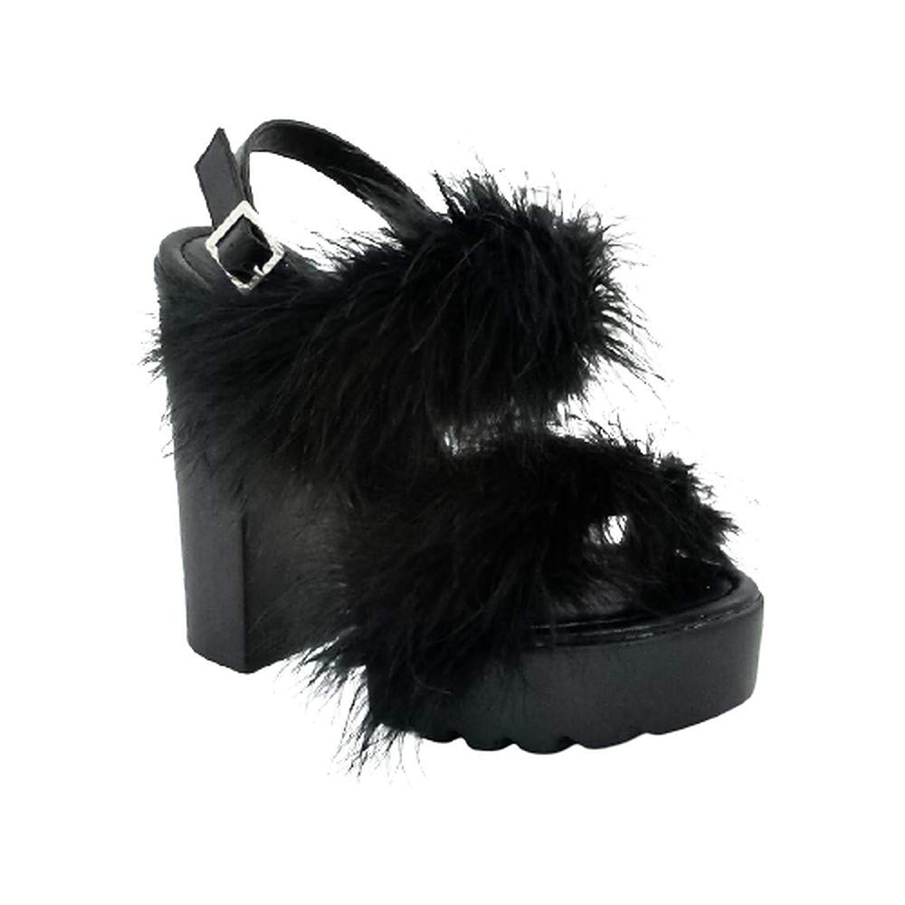 Women's Fur Ankle Strap High Heel Sandals - Open Toe Chunky Heels with Feather Decor for Parties & Weddings