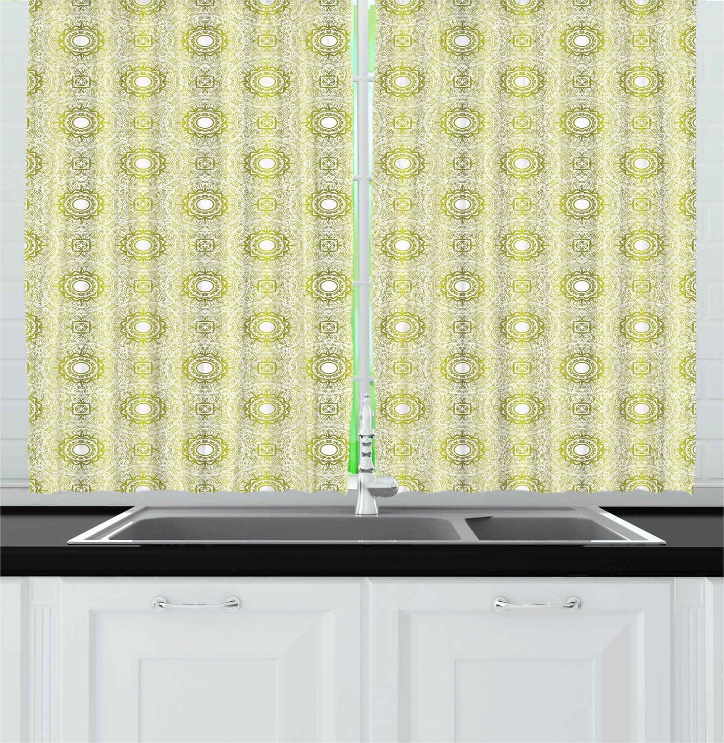 Ambesonne Mandala Long Kitchen Curtains - Zen Cosmos Design with Oriental Circle & Floral Patterns, 2 Panel Rod Pocket Drapes for Living Room Decor, 55
