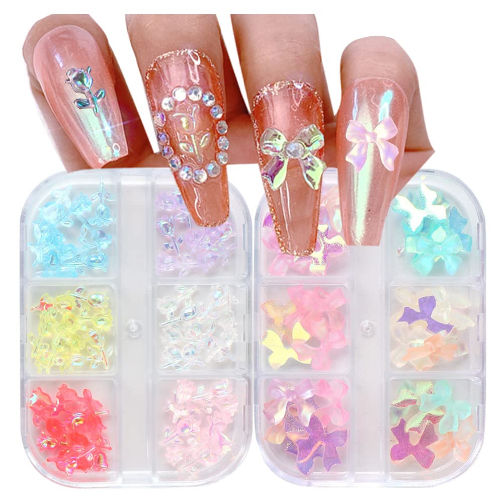 96pcs Heart Bow Rose Nail Art Charms - 3D Nail Glitter Decals with Colorful Butterfly & Rainbow Design - DIY Manicure Decorations for Party, Wedding, Salon & Home Nail Art
