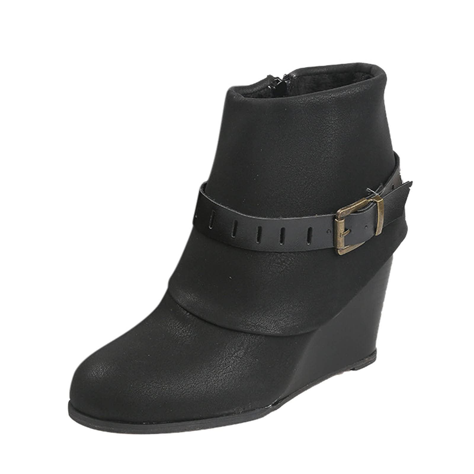 Women's Fashion Short Boots with Heel, Platform, Belt Buckle & Side Zipper - Stylish Wedge Heel Boots for Casual Outfits, Office Wear & Night Out