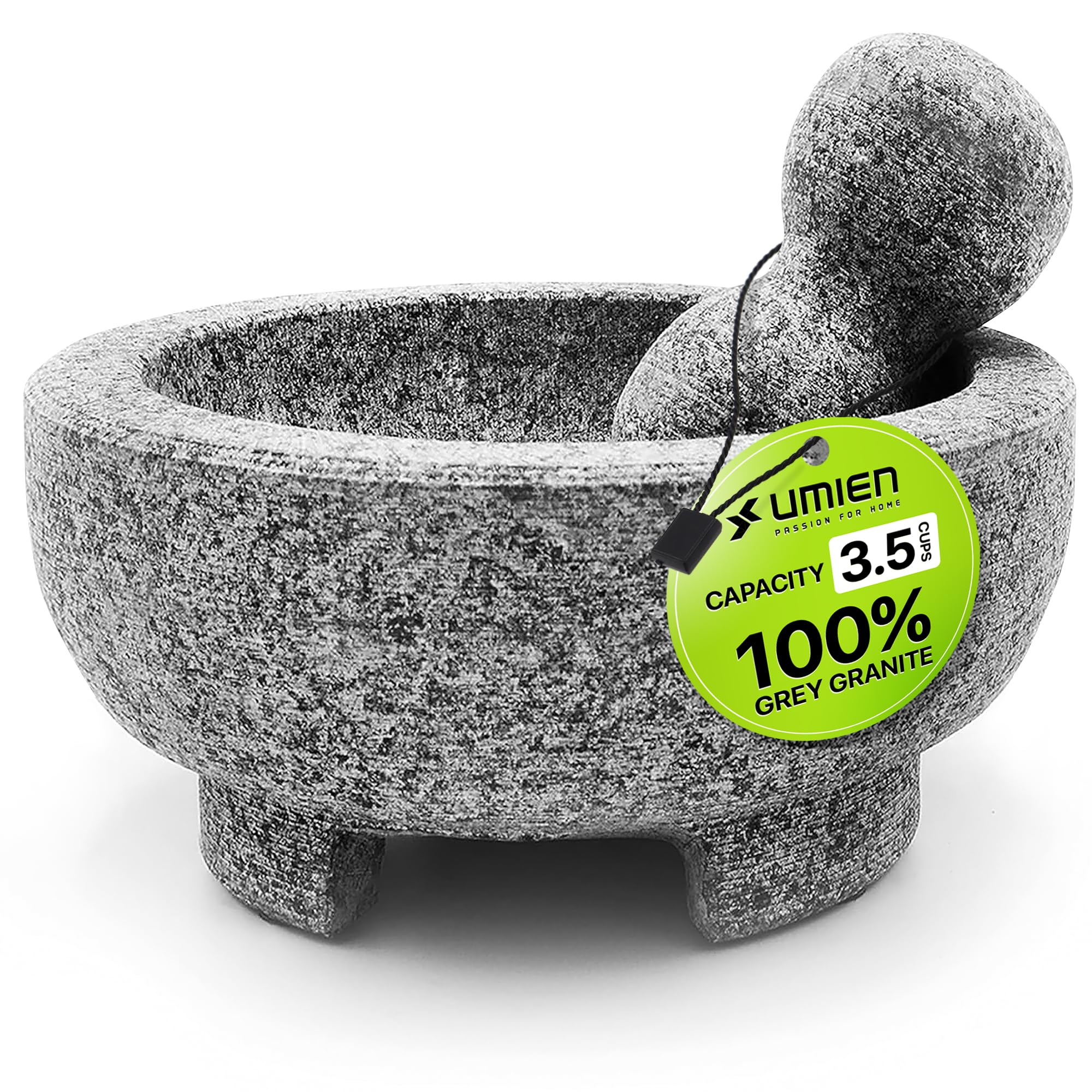 Umien™ Granite Mortar and Pestle Set - 8-Inch Natural Stone Molcajete for Grinding Spices, Making Guacamole & Pesto - 3.5-Cup Capacity with Free Avocado Tool - Durable 100% Granite Spice Grinder (Grey) - Perfect for Kitchen, Cooking, Mexican Cuisine & Herb Preparation