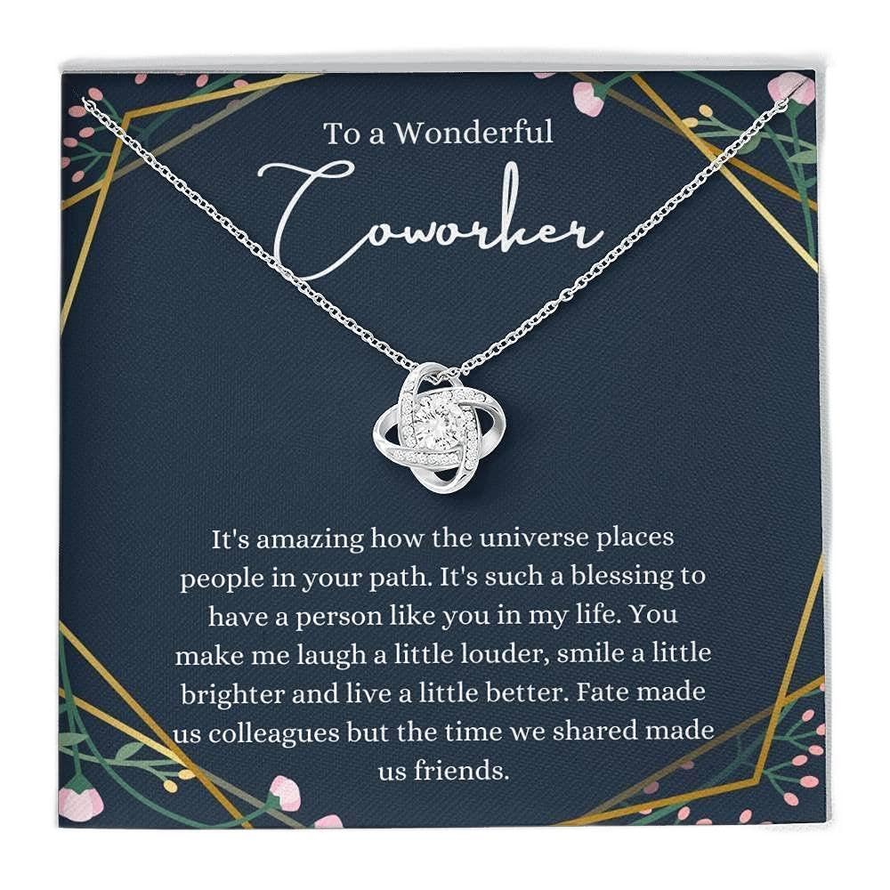 Personalized Love Knot Necklace - Handmade Jewelry Gift for Coworkers Farewell, Women's Going Away Present in White & Gold, Custom Sizes - Perfect for Office Goodbyes & Special Occasions