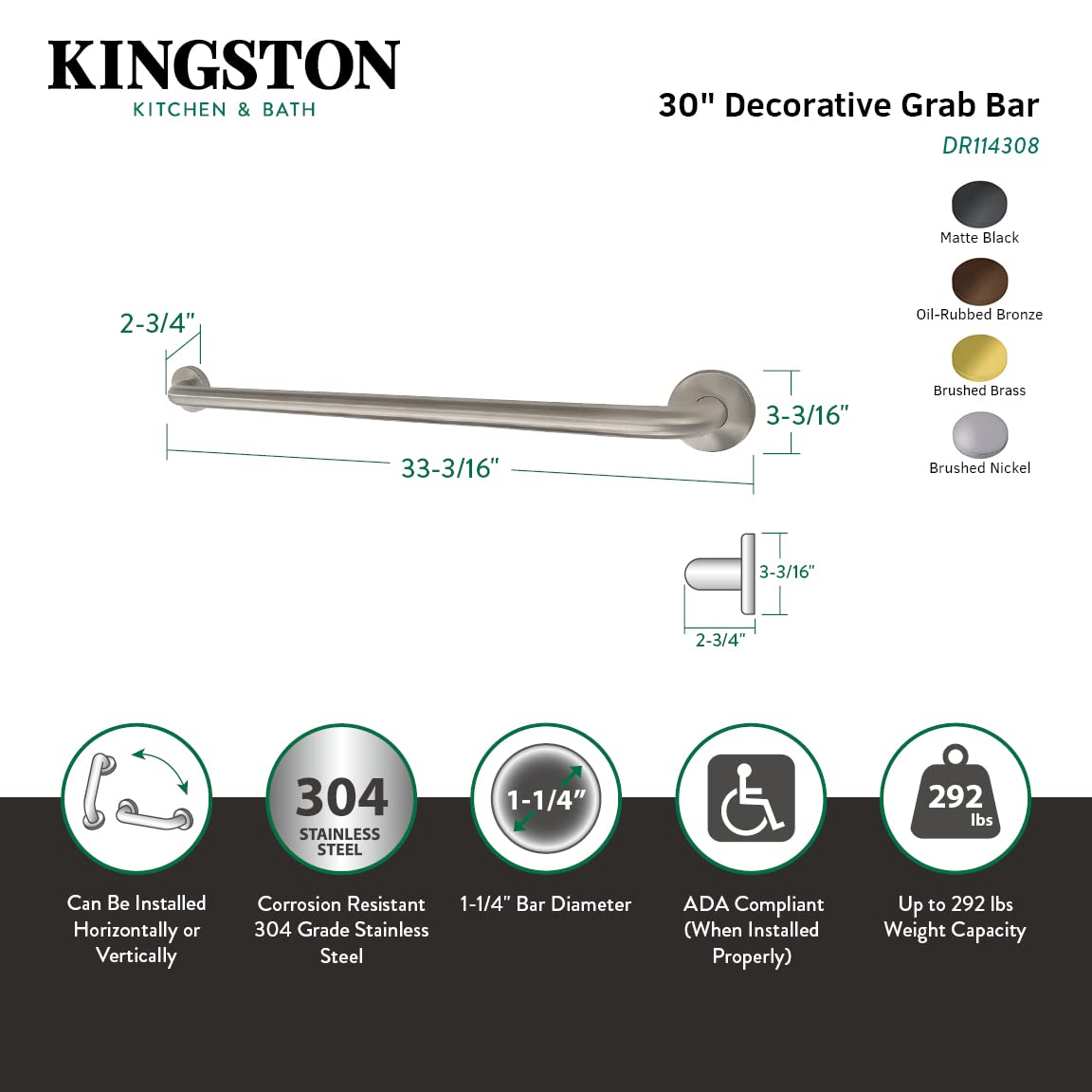 Kingston Brass DR114305 Designer Trimscape Americana Decor 30-Inch Grab Bar - 1.25-Inch Outer Diameter Oil Rubbed Bronze - ADA Compliant Bathroom Safety Handle for Shower, Bathtub, and Elderly Accessibility