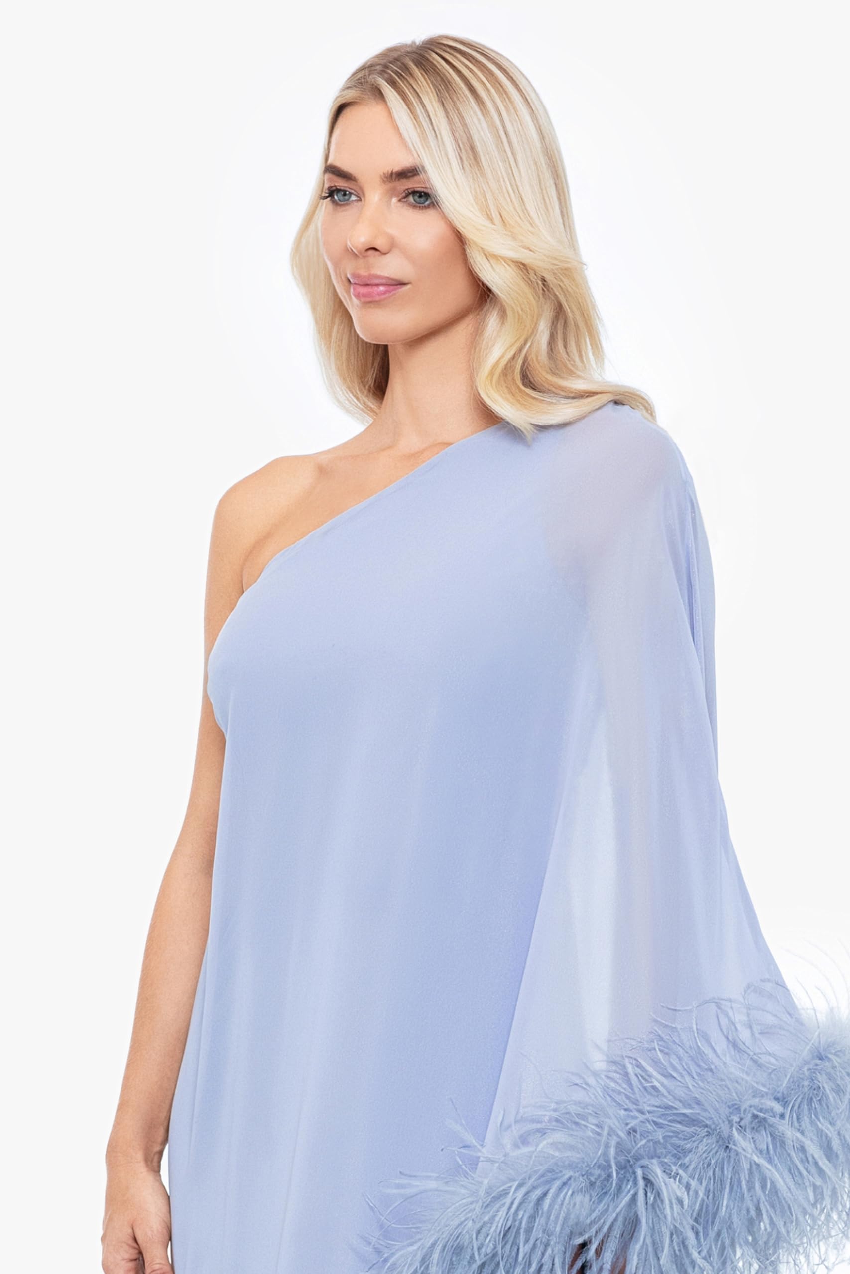 Betsy & Adam Women's One Shoulder Long Sleeve Feather Trim Chiffon Formal Maxi Dress for Evening Gala, Prom, Wedding Guest & Special Occasions