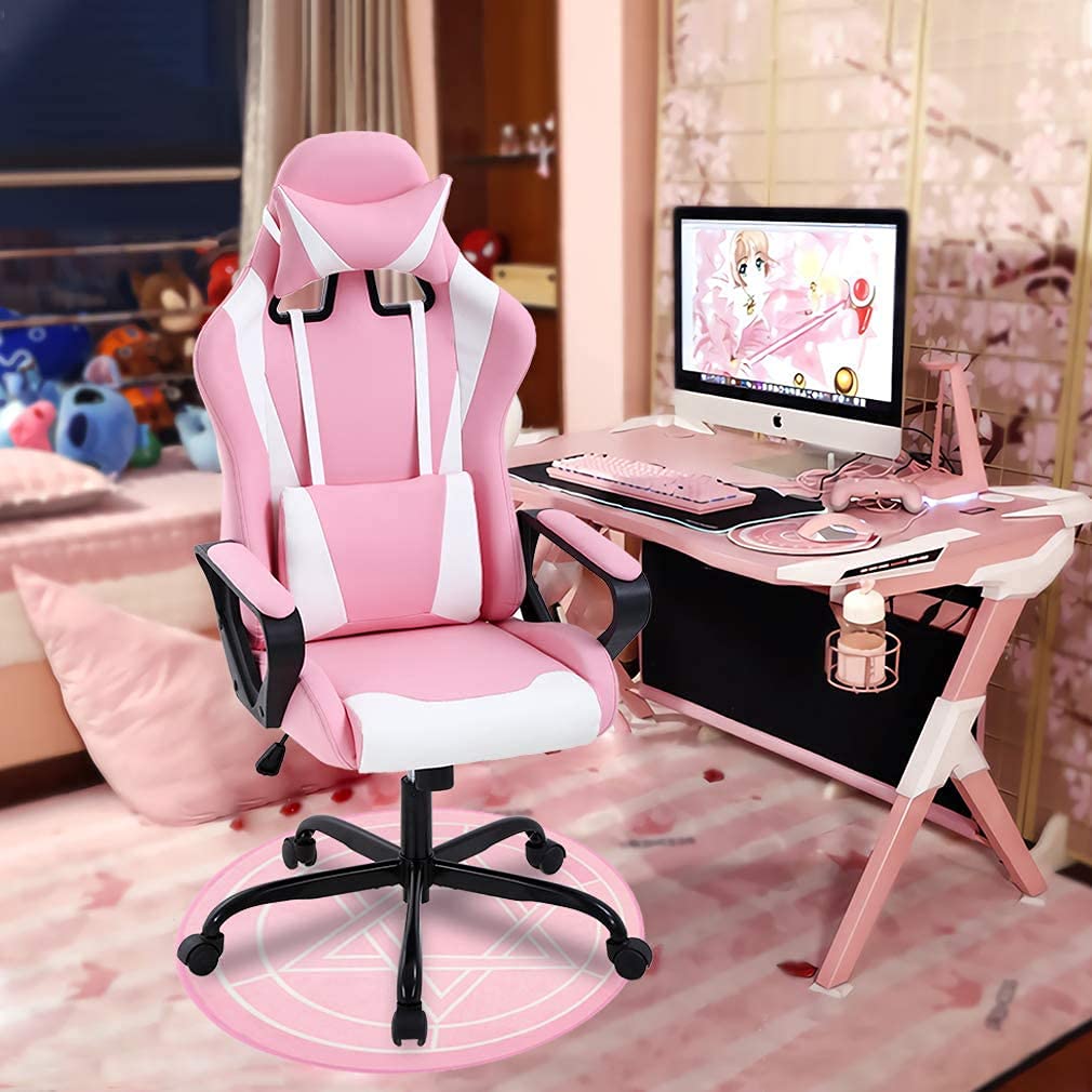 Racing Style Gaming Chair - Ergonomic High Back Office Chair with Adjustable Headrest & Lumbar Support - Pink Leather Computer Desk Chair for Gaming, Work & Home Office Use