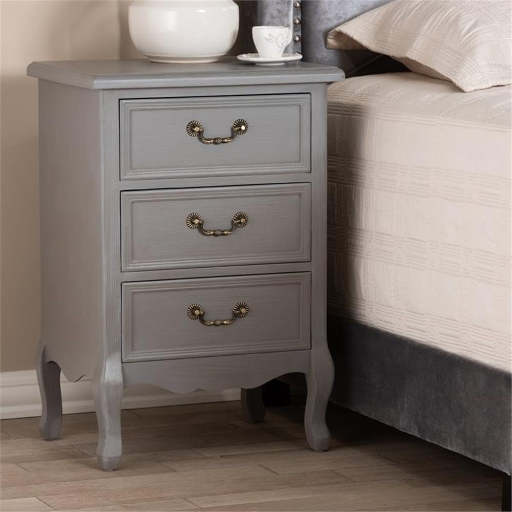 BOWERY HILL French Grey Wood 3-Drawer Nightstand - Modern Bedside Table for Bedroom, Living Room & Guest Room Storage