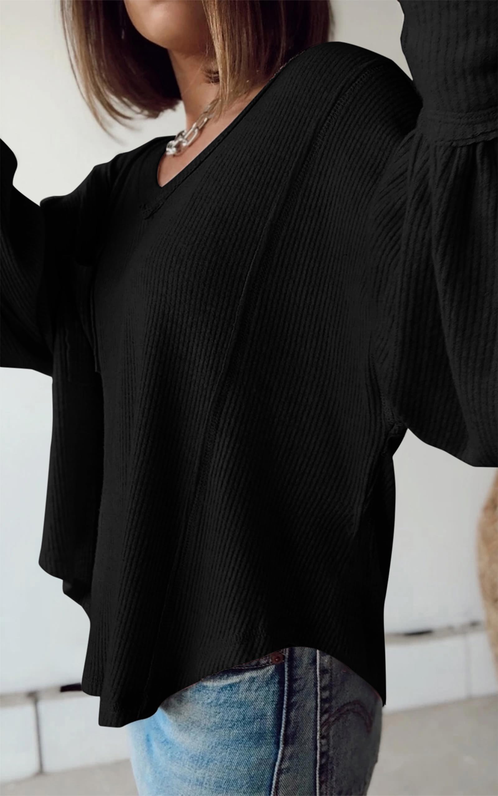 BTFBM Women's Ribbed Long Sleeve V-Neck Pullover Knit Top - Trendy Loose Fit Tunic Blouse for Spring & Summer 2025 - Perfect for Casual Outfits, Layering and Office Wear