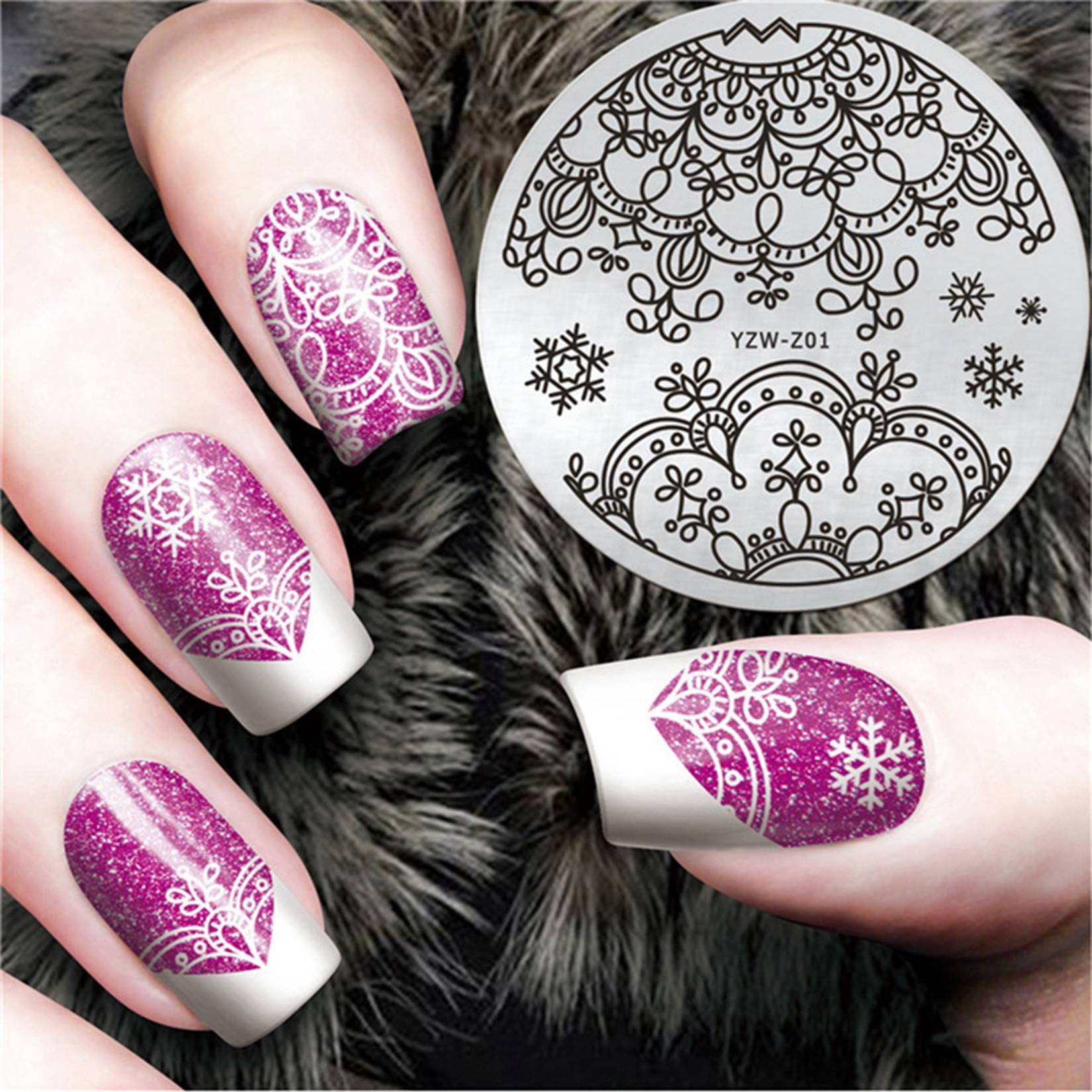 Snowflake Snowman Bowknot Lace Nail Stamp Template - Round Nail Art Printing Plate for Manicure, Salon & Home Use - Christmas Nail Design Tool for DIY & Professional Nail Artists - Perfect for Holiday Parties, Gift Giving & Festive Nail Art