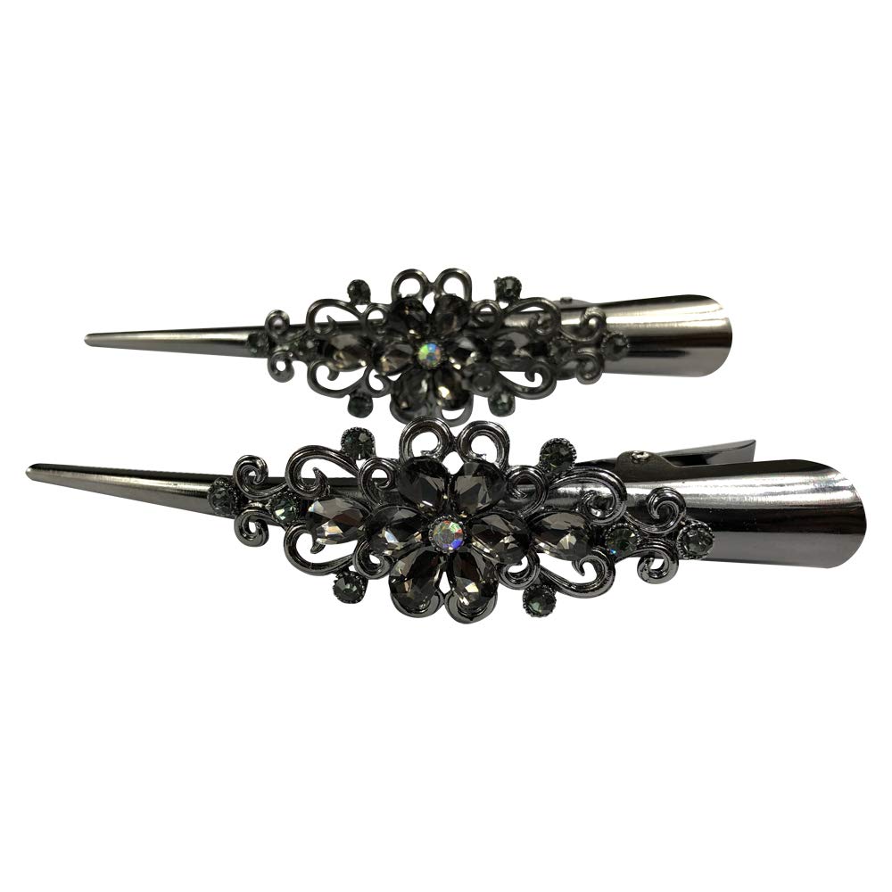 Vintage Large Metal Hair Clips - Flower Duck Bill Rhinestone Barrettes with Teeth for Women & Girls | Hair Pins, Slides & Jewelry Accessories (Black) | Perfect for Weddings, Parties & Everyday Styling