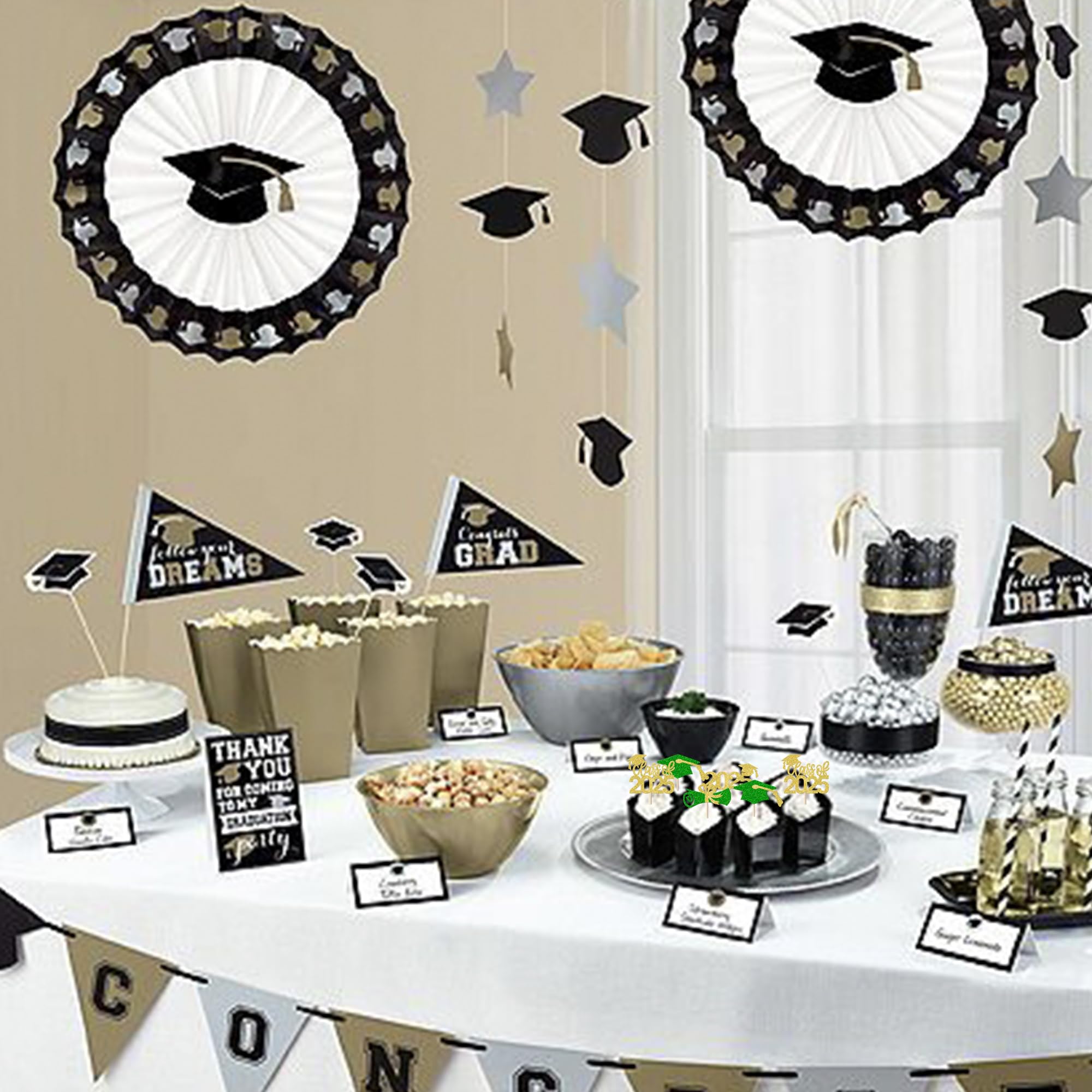 Rsstarxi 36 Pack Class of 2025 Graduation Cupcake Toppers - Glitter Graduation Cap & Diploma Cake Decorations in Green & Gold - Perfect for Graduation Parties, School Celebrations & Dessert Table Decor