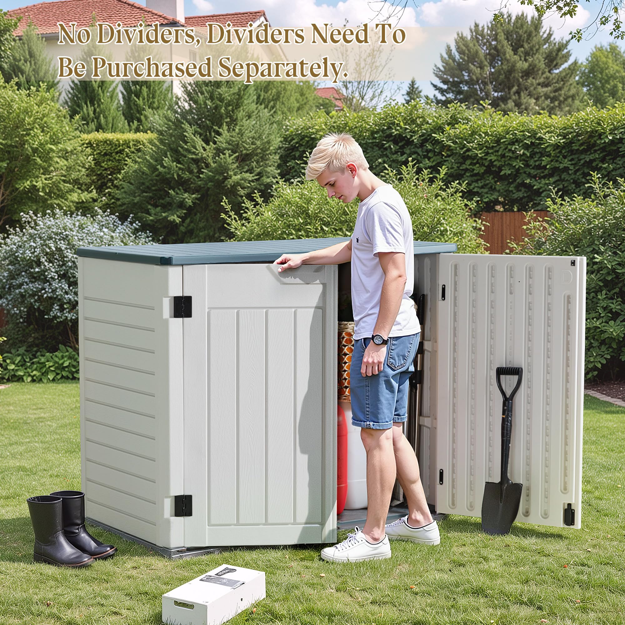 Greesum 34 Cu. Ft. Outdoor Horizontal Resin Storage Shed - Weather Resistant Large Capacity Tool Shed for Bikes, Garbage Cans & Lawn Mowers - Perfect for Backyard, Garage & Garden Organization (White, No Divider)