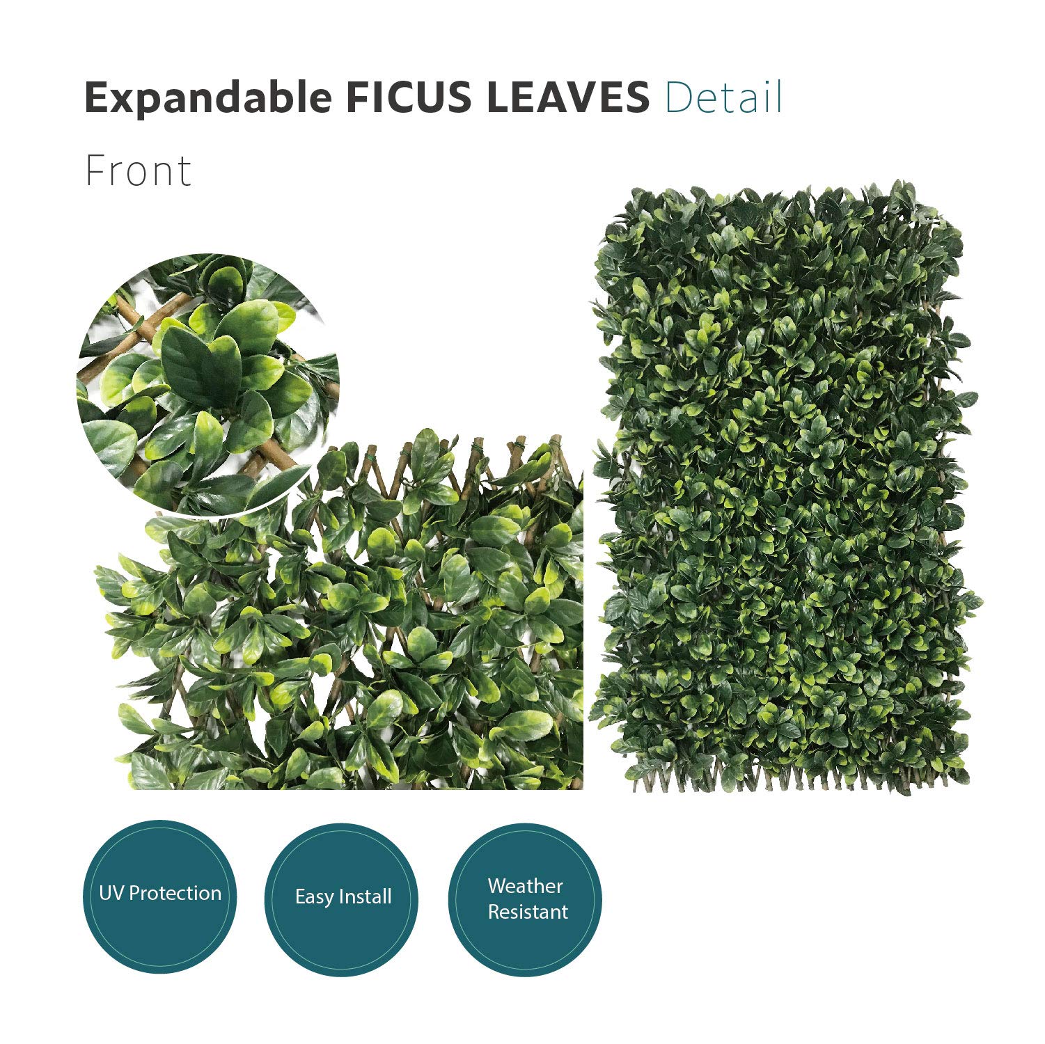 ECOOPTS Stretchable Artificial Buxus Leaf Faux Ivy Privacy Fence Screen - Expandable Decorative Fencing Panel for Balcony, Patio, Garden & Outdoor Use (Single Sided Ficus Leaves, 1 Piece) - Perfect for Privacy, Shade & Home Decor