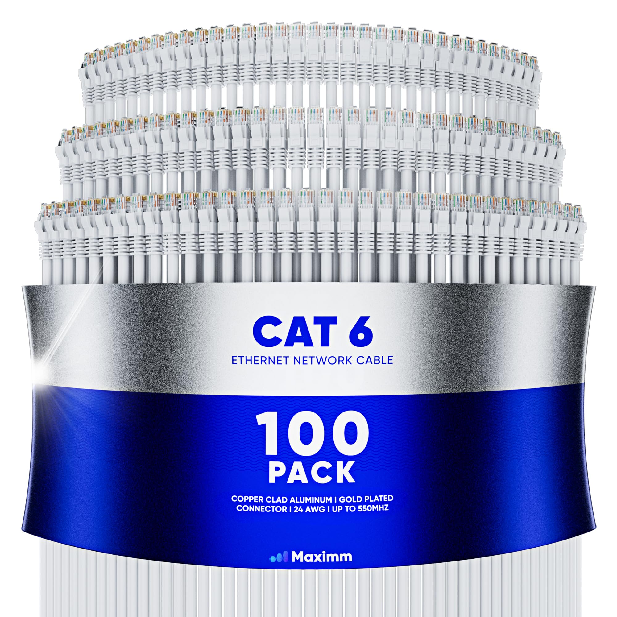 Maximm Cat 6 Ethernet Cable 0.6 ft (100-Pack) - High-Speed 10Gbps LAN Network Cable, UTP Patch Cord for Home Office, Gaming & Server Setup - 550MHz Bandwidth, White Bulk Cables for Reliable Internet Connection