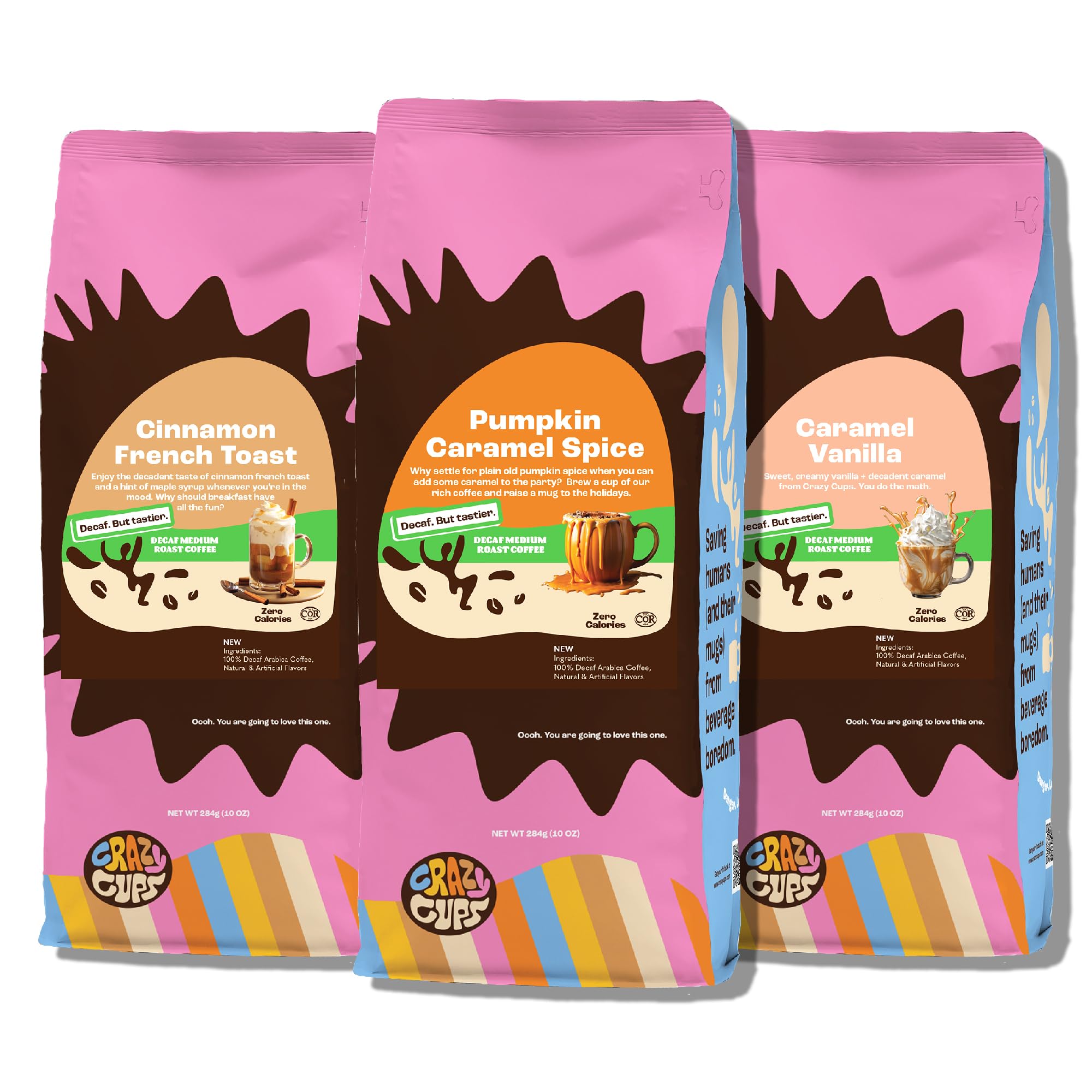 Decaf Flavored Ground Coffee Variety Pack - Cinnamon French Toast, Caramel Vanilla & Pumpkin Caramel Spice | 10 oz Bags (3-Pack) | Rich Aroma for Hot & Iced Coffee | Perfect for Home Brewing, Office Use & Gifts