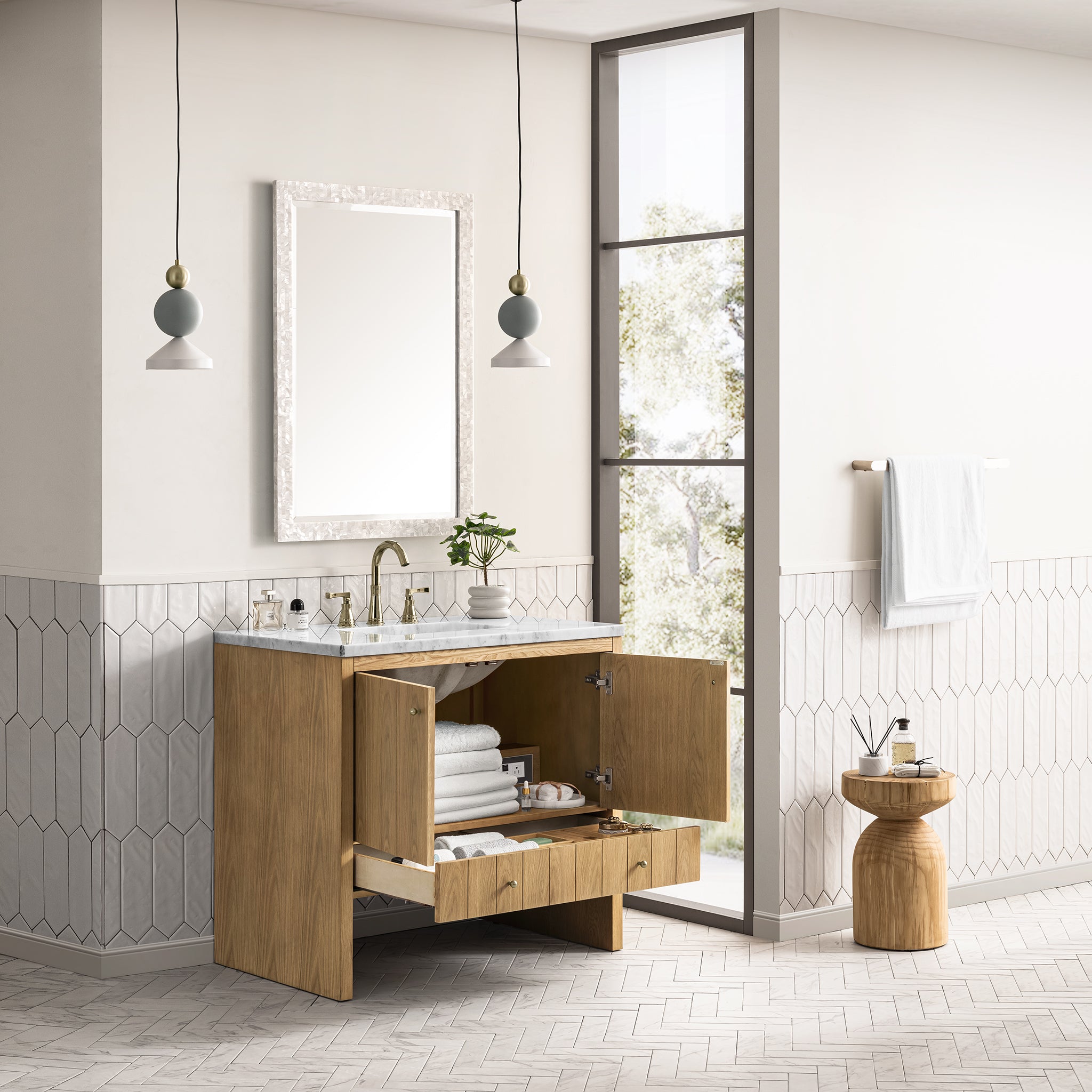 Hudson 36 Inch Single Bathroom Vanity with Light Natural Oak Finish and 3CM Arctic Fall Top – Perfect for Modern Home Bathroom Renovation and Spa-Like Retreats