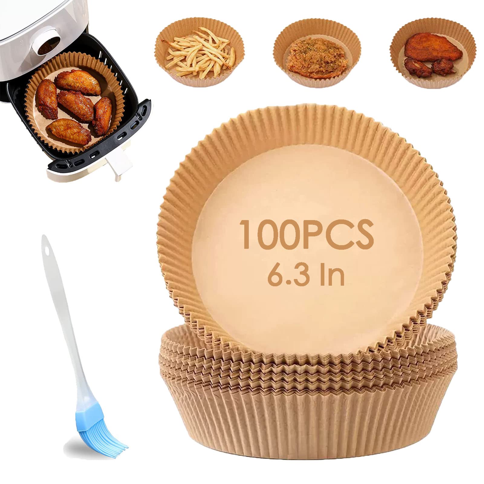 100 Pcs 6.3 Inch Air Fryer Liners - Disposable Non-Stick Parchment Paper for Baking, Roasting & Microwave Use | Perfect for Air Fryer, Oven & Meal Prep (Natural)