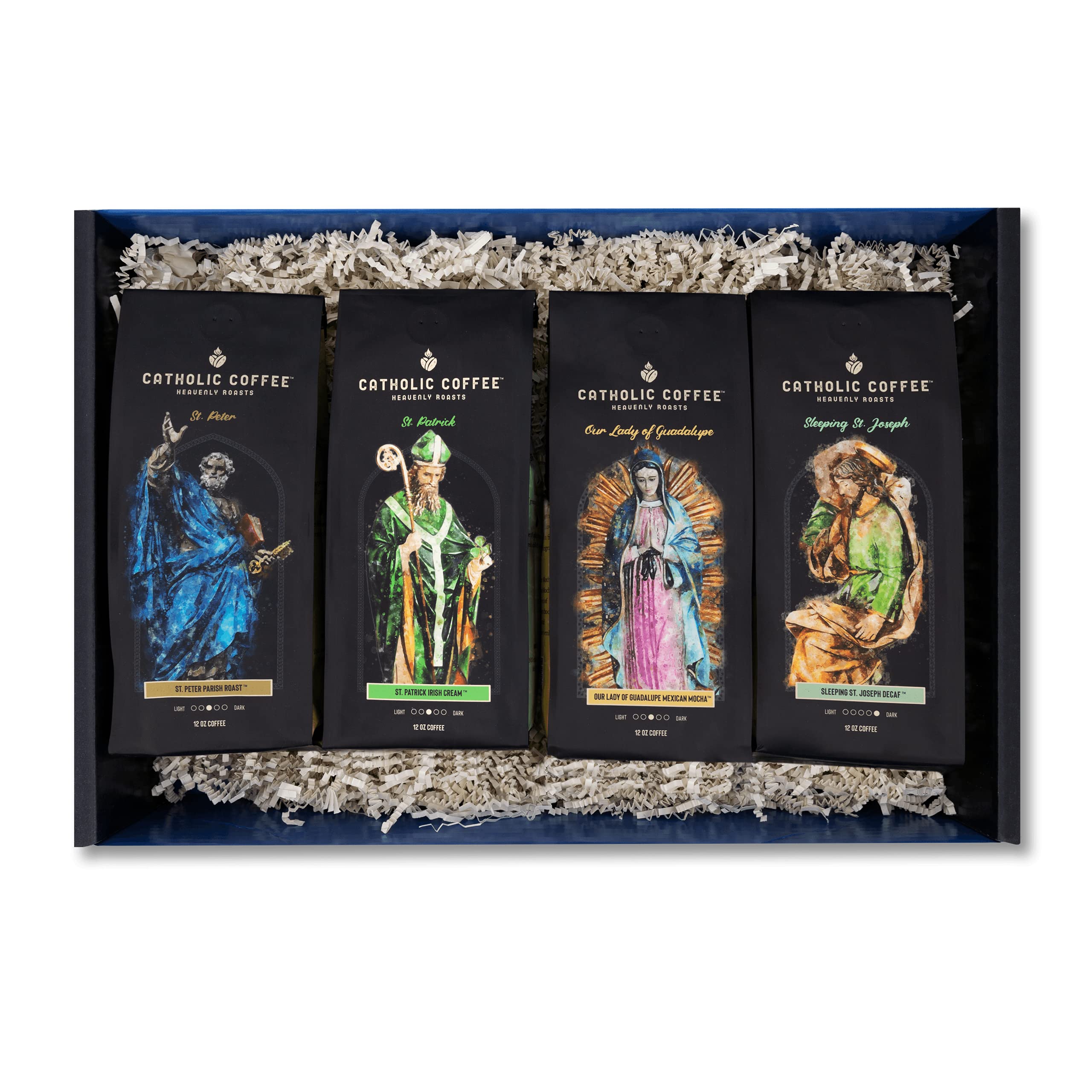Premium Catholic Coffee Variety Gift Box - 4 Pack (12oz Each) Ground Coffee with Our Lady of Guadalupe, St. Patrick, St. Peter & St. Joseph - Medium & Dark Roast Blend - Perfect for Prayer Time, Bible Study & Faith-Based Gifting