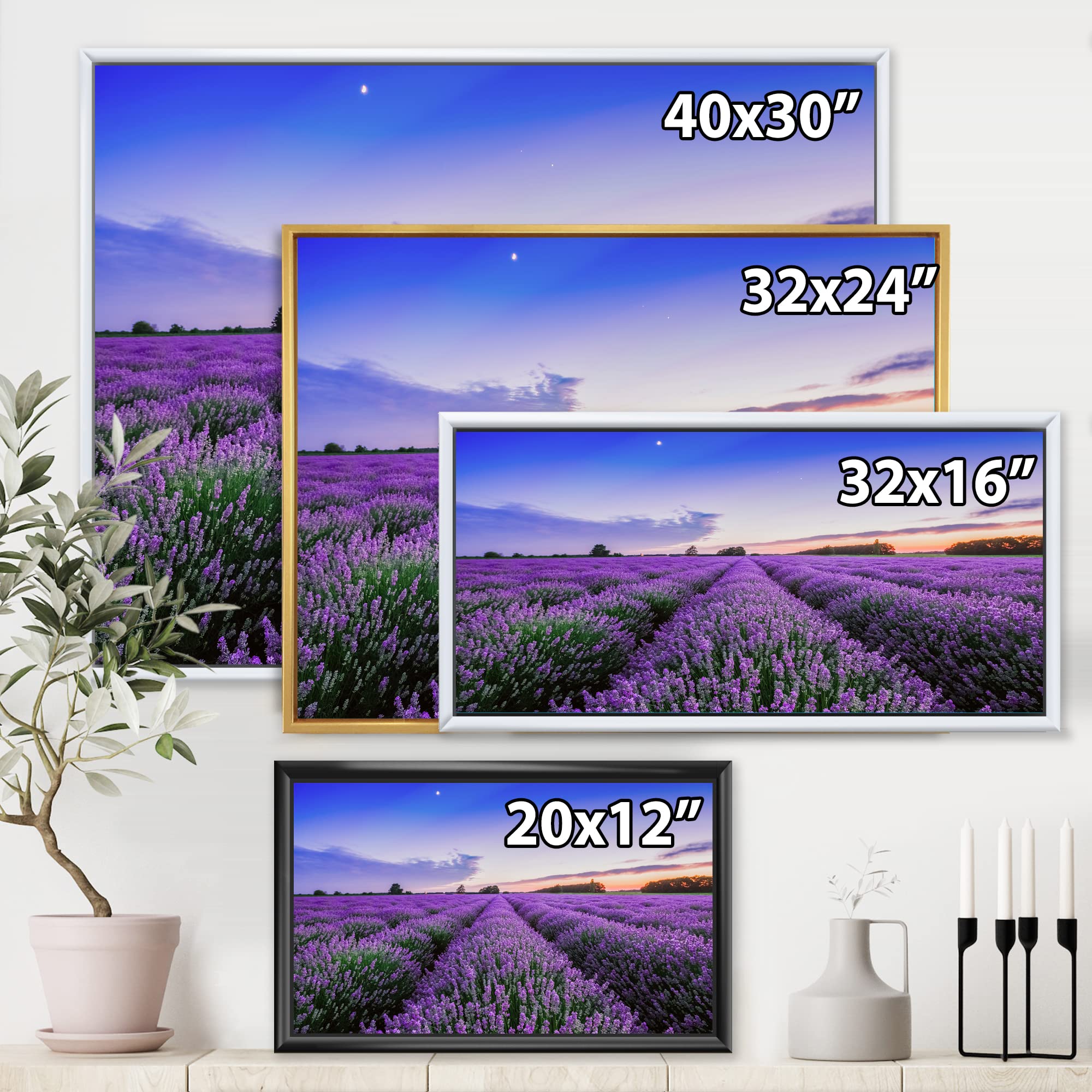 Sunrise & Dramatic Clouds Over Lavender Field II - Farmhouse Framed Canvas Wall Art Print for Living Room, Bedroom & Office Decor