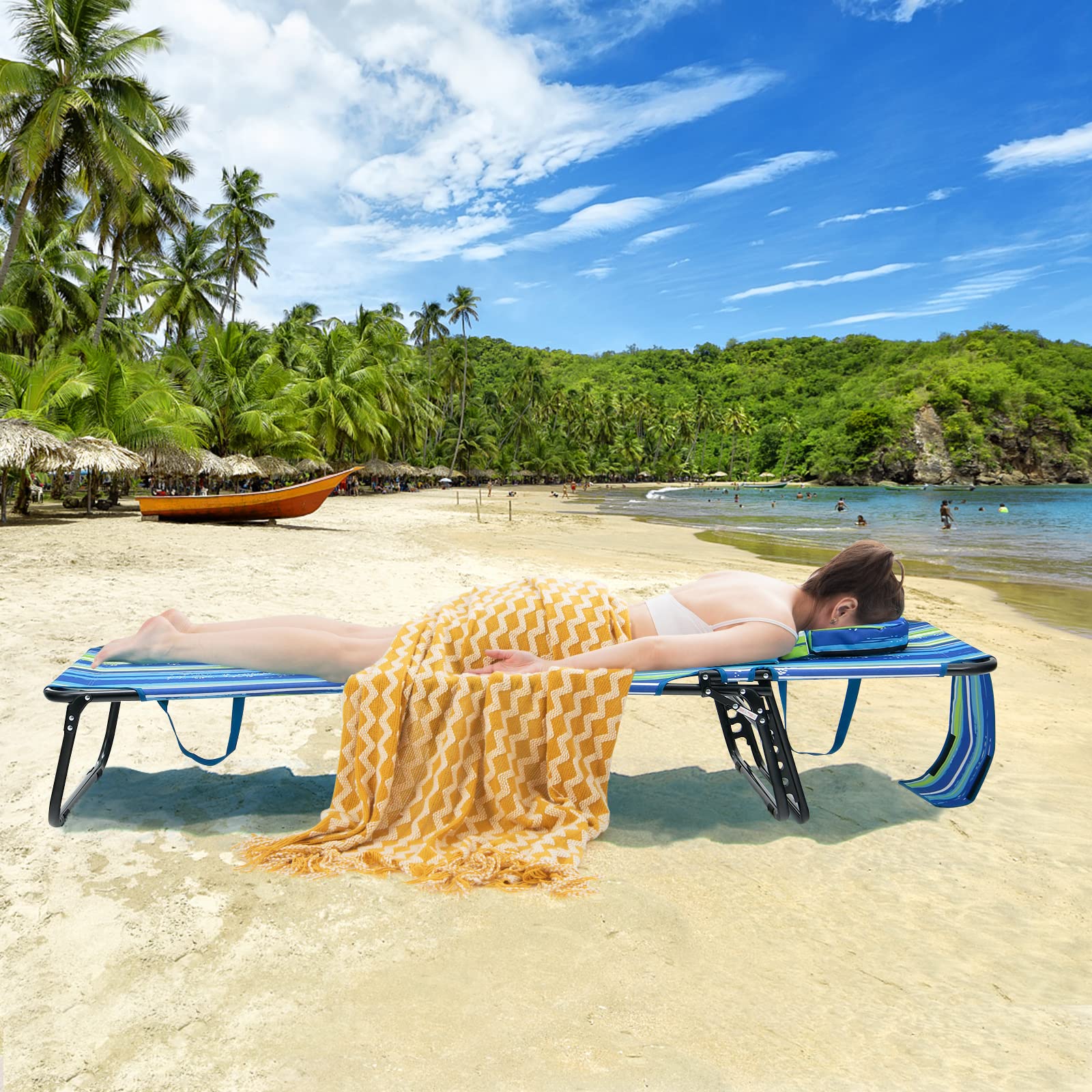GYMAX 350lbs Heavy Duty Tanning Chair with Face Hole - Adjustable Folding Chaise Lounge for Beach, Pool, Patio - Includes Washable Pillow & Carry Strap - Perfect for Sunbathing, Relaxing Outdoors, Backyard Lounging (Stripe)