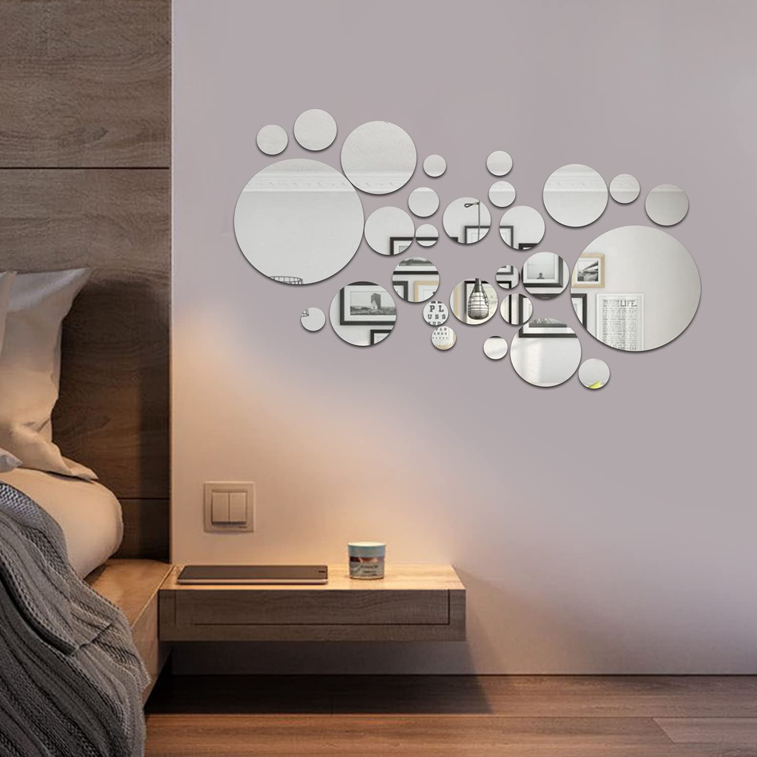 KIMOBER 34PCS Round Silver Acrylic Mirror Wall Stickers - Removable DIY Self-Adhesive Mirror Decals for Home Decor, Bedroom, Bathroom & Living Room Wall Art