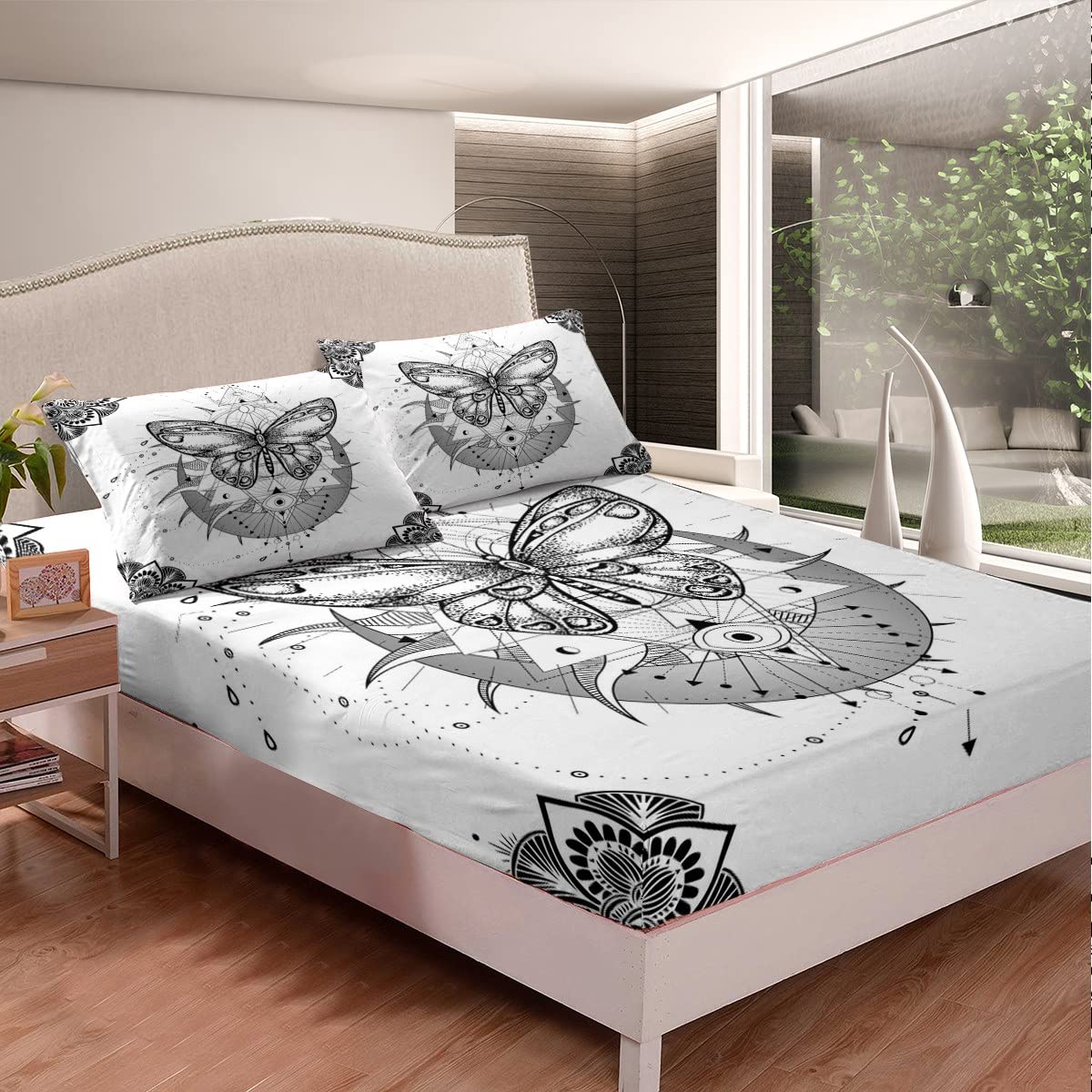 White Butterfly Queen Size Bed Sheets Set - 4 Piece Bohemian Mandala Sun & Moon Design, Soft Breathable Cotton Bedding with Fitted Sheet, Flat Sheet & Pillowcases - Perfect for Boho Hippie Bedroom Decor & Celestial Theme Rooms