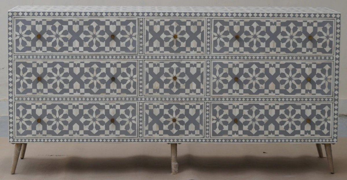 Handmade Gray Bone Inlay Moroccan 9-Drawer Chest | Custom Storage Cabinet for Bedroom, Living Room & Entryway Organization